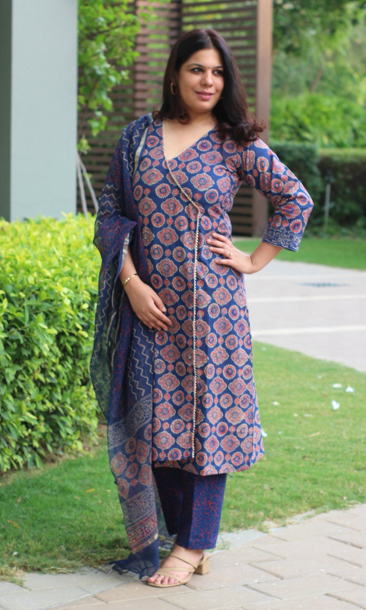 Cotton Handblock Angrakha Style Suit Set with Kota Doria Dupatta - Baareeki