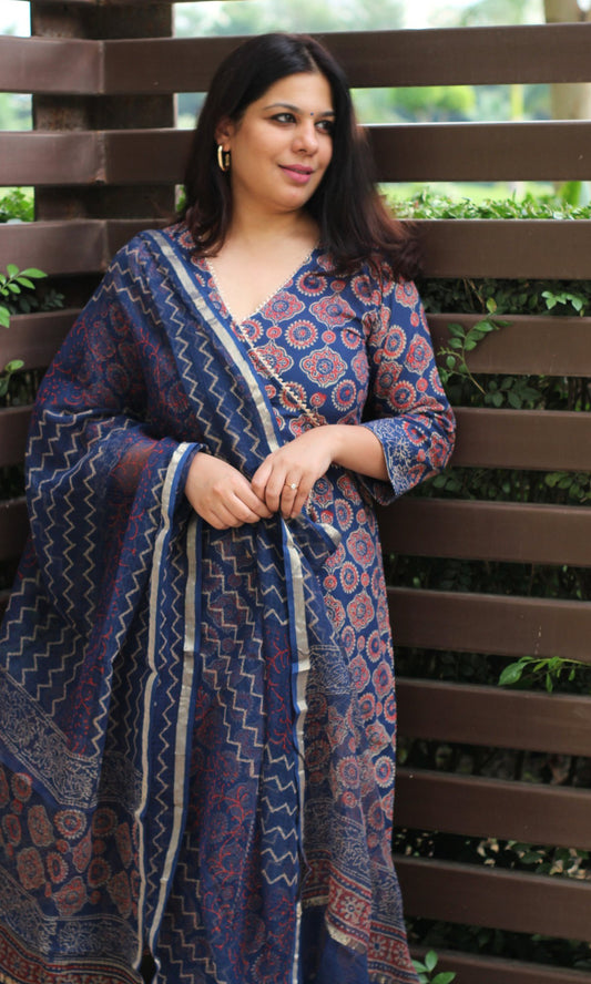 Cotton Handblock Angrakha Style Suit Set with Kota Doria Dupatta - Baareeki