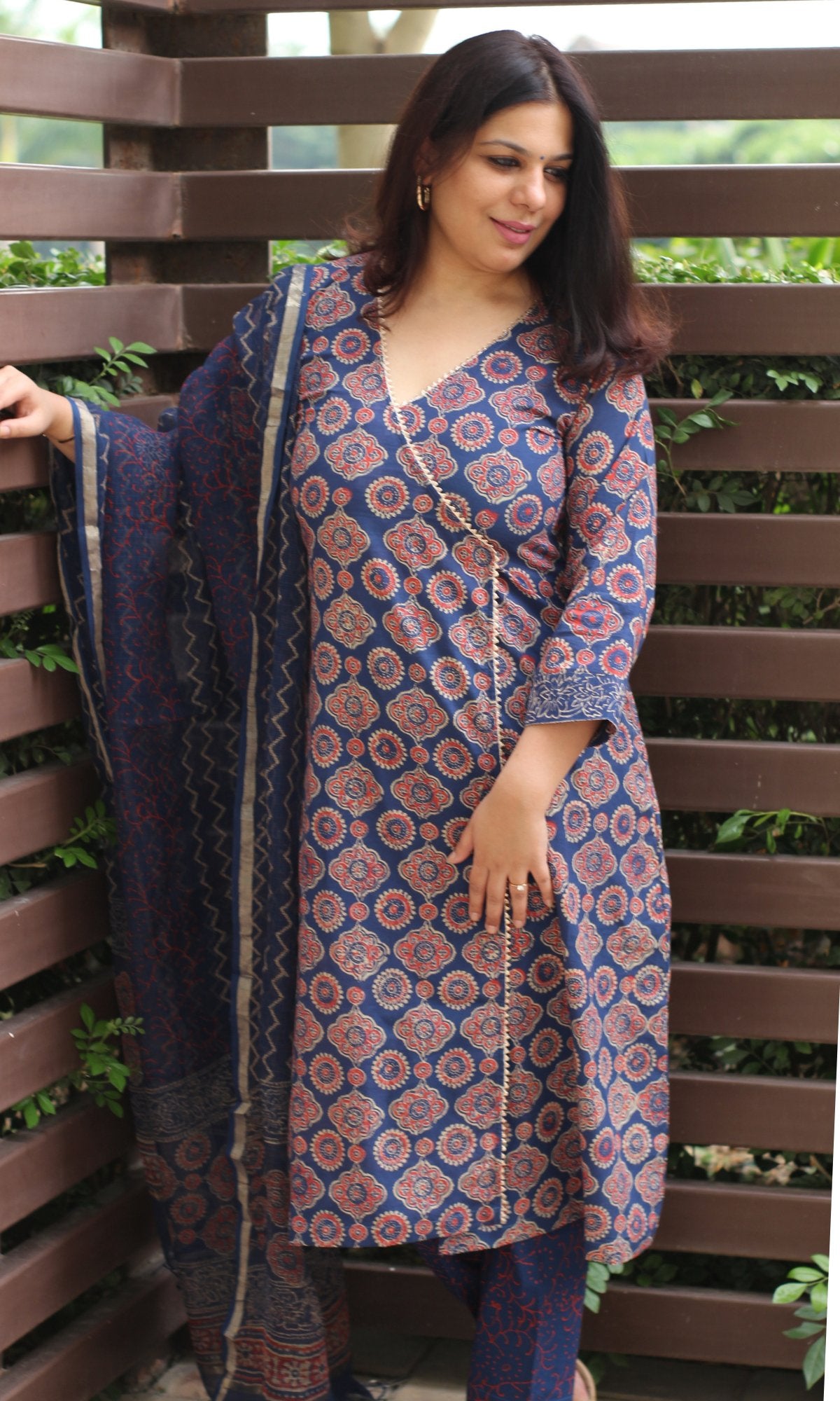 Cotton Handblock Angrakha Style Suit Set with Kota Doria Dupatta - Baareeki