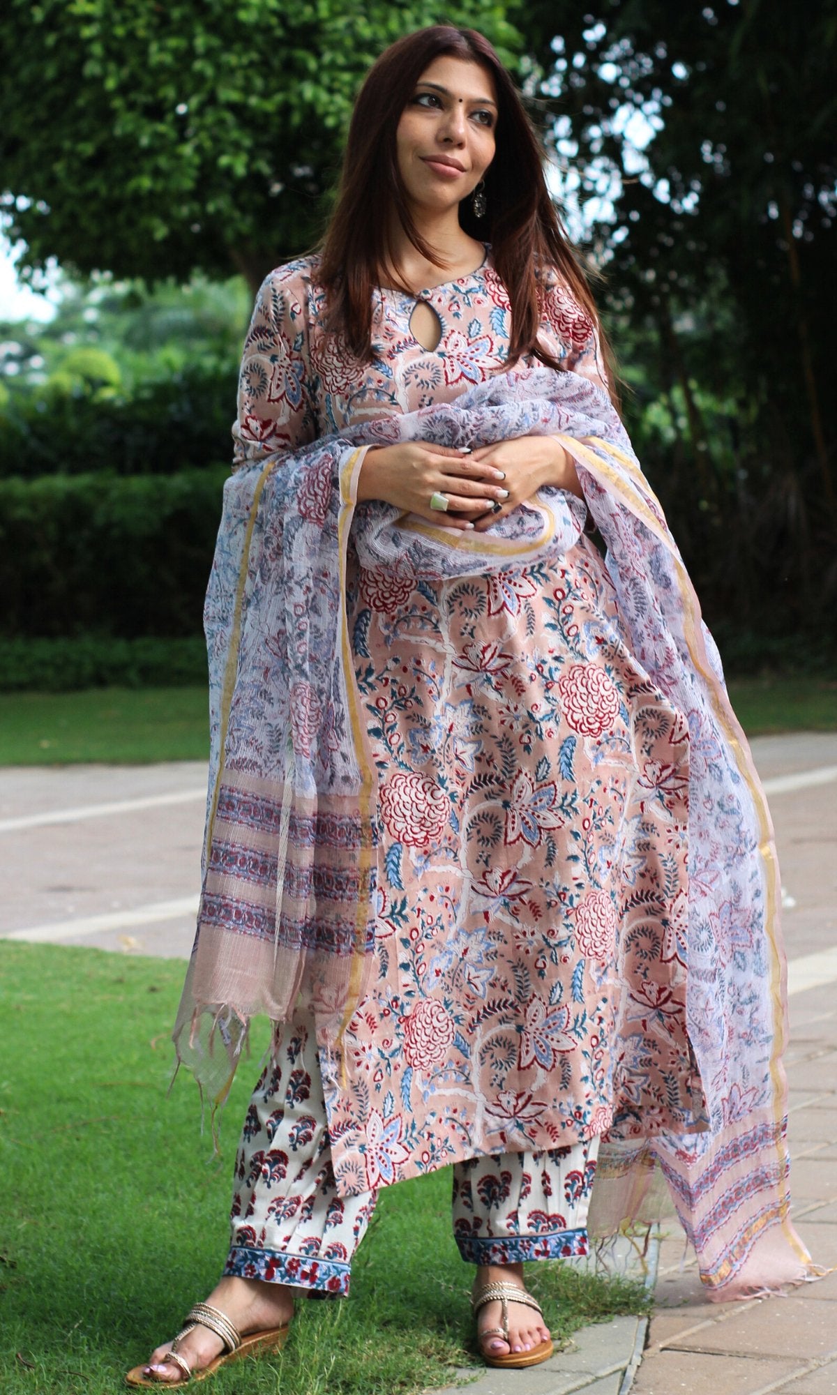 Cotton Handblock Beige Suit Set with Kota Doria Dupatta - Baareeki