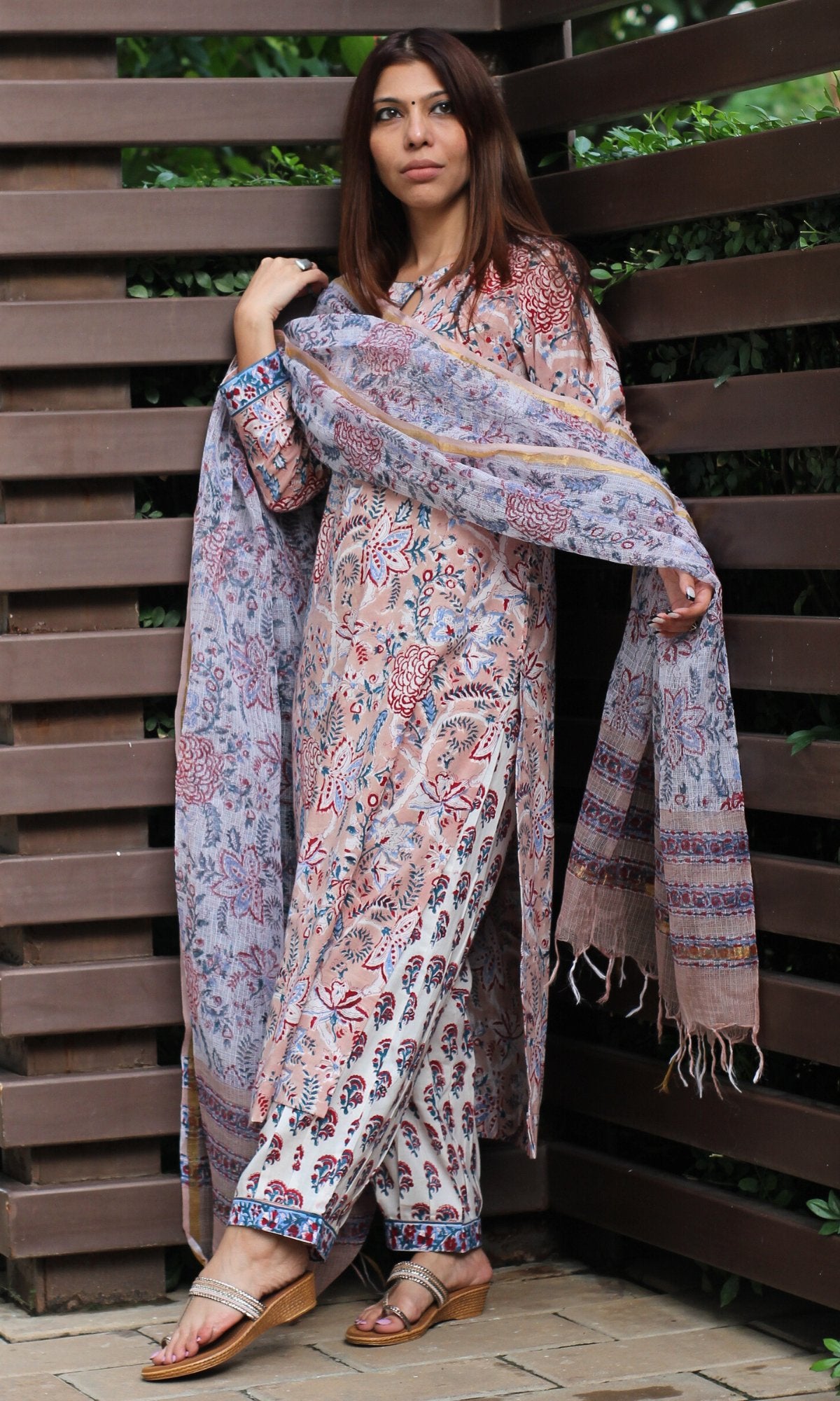 Cotton Handblock Beige Suit Set with Kota Doria Dupatta - Baareeki