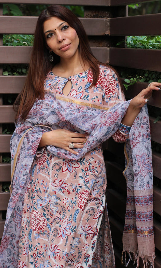 Cotton Handblock Beige Suit Set with Kota Doria Dupatta - Baareeki