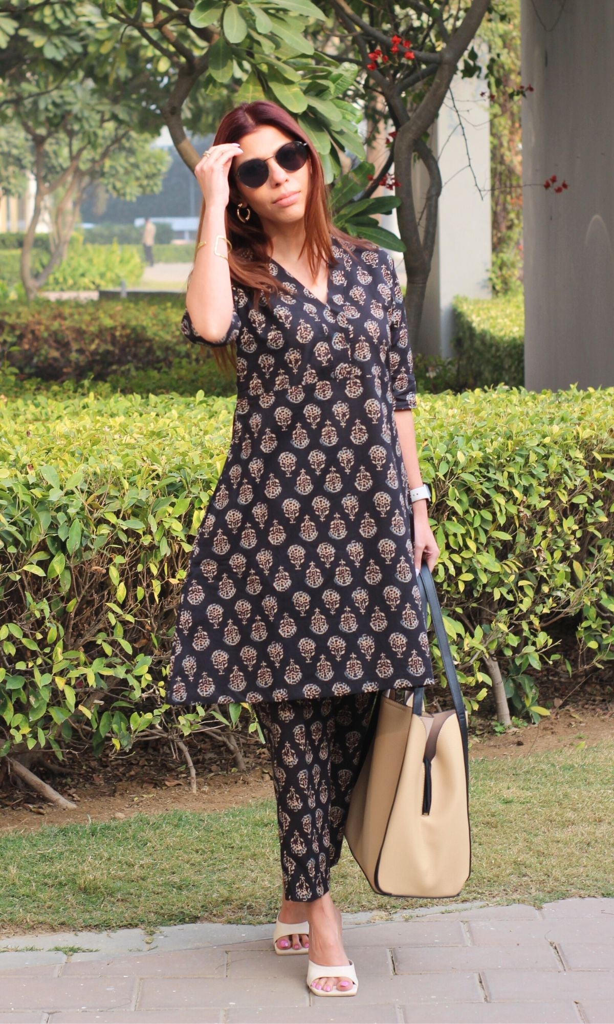 Cotton Handblock Black A-line Coord Set - Baareeki