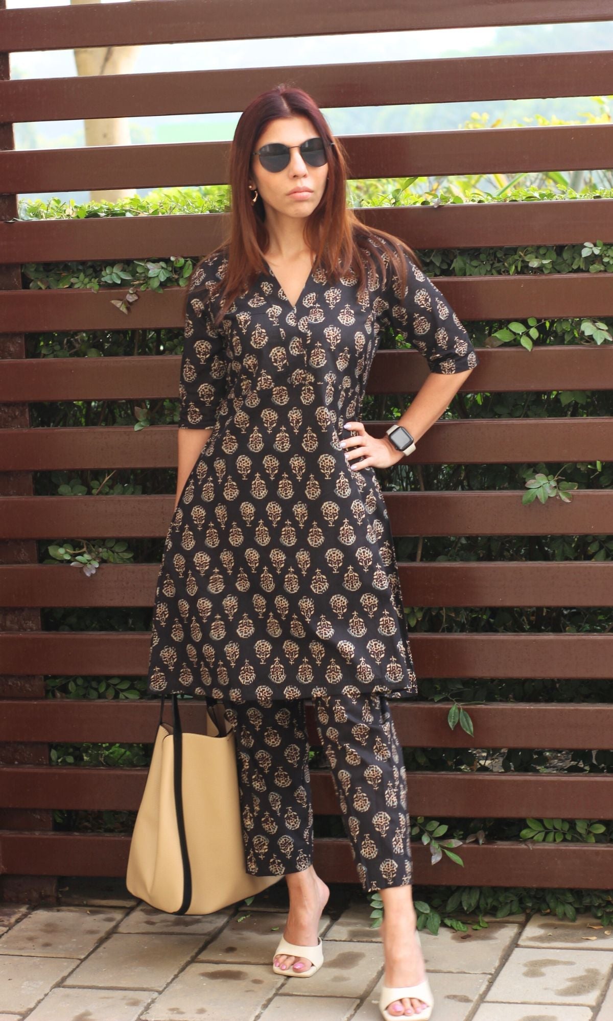 Cotton Handblock Black A-line Coord Set - Baareeki