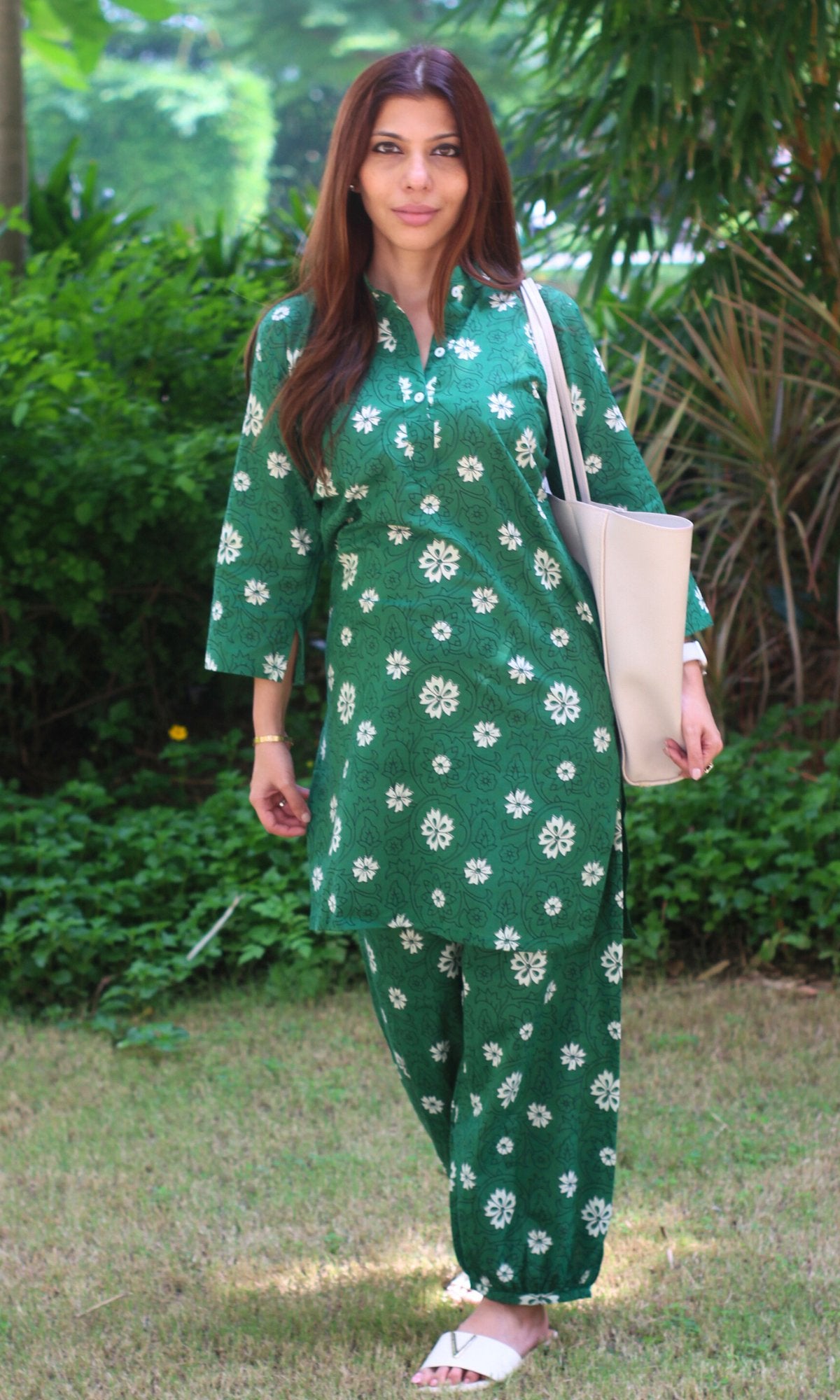 Cotton Handblock Green Afghani Coord Set - Baareeki