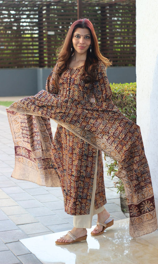 Cotton Handblock Kalamkari Brown Kurta and Dupatta - Baareeki