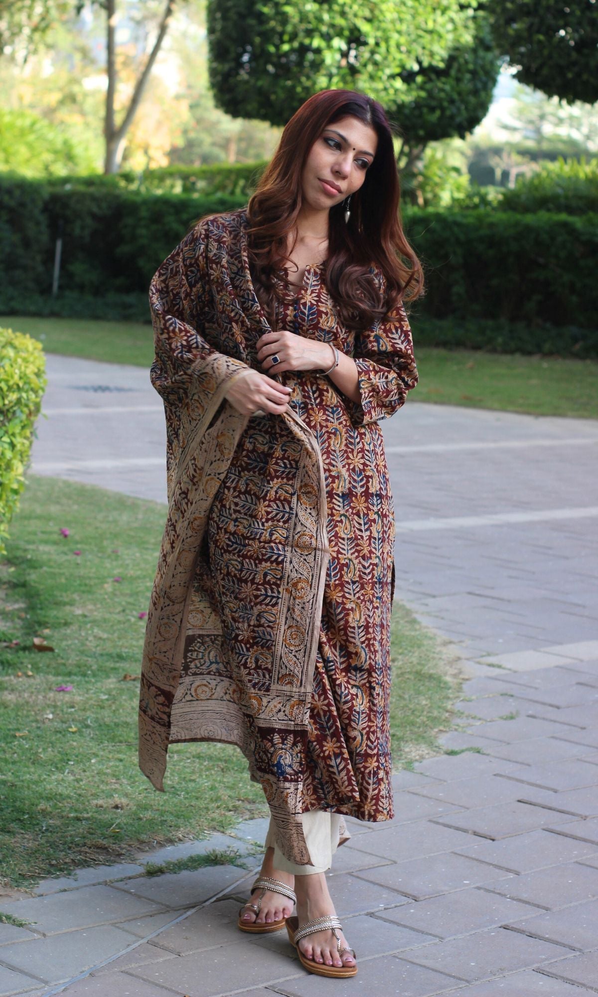 Cotton Handblock Kalamkari Brown Kurta and Dupatta - Baareeki