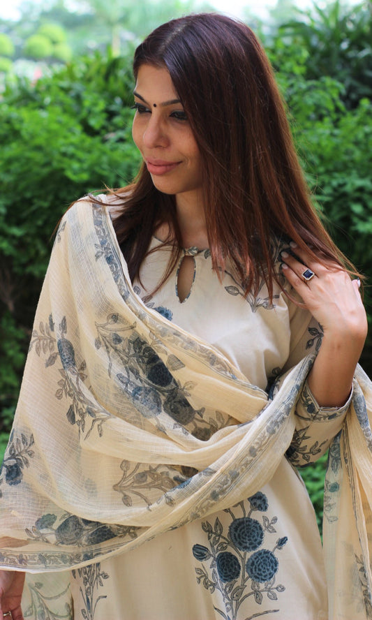 Cotton Handblock Mughal Print Suit Set with Kota Doria Dupatta - Baareeki