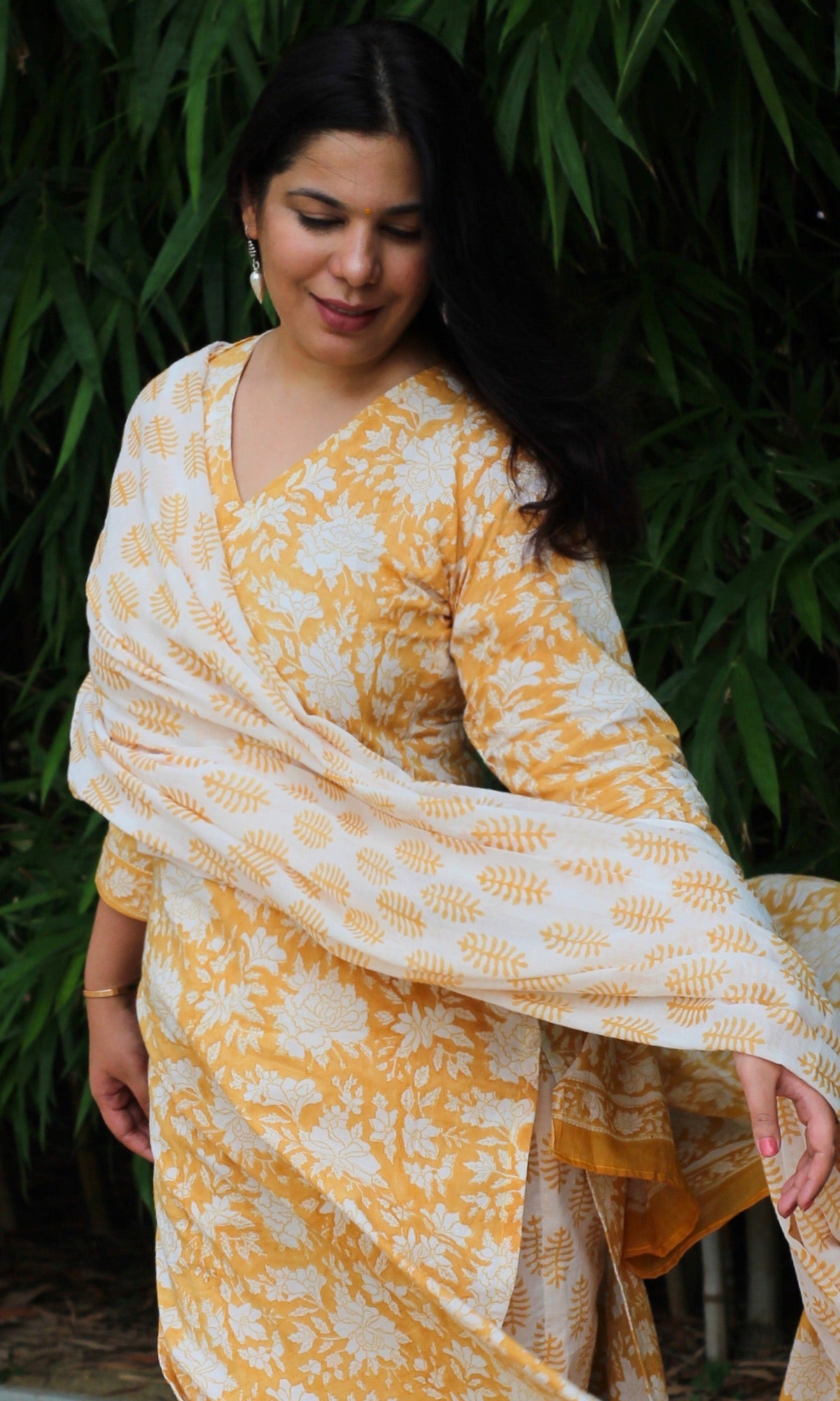 Cotton Handblock Mustard Suit Set with Mul Dupatta - Baareeki