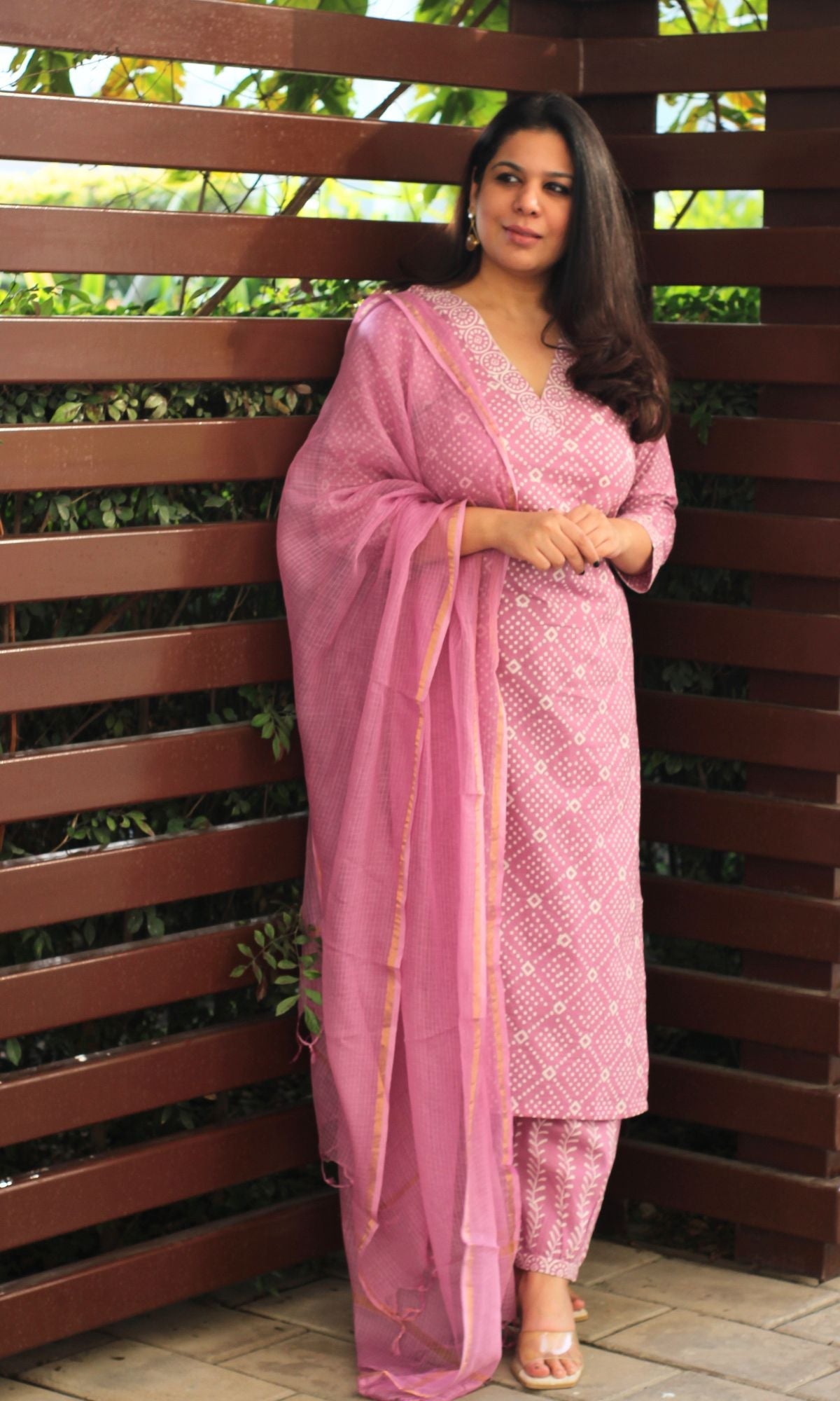 Cotton Handblock Onion Kurta and Afghani Pants with Kota Doria Dupatta - Baareeki