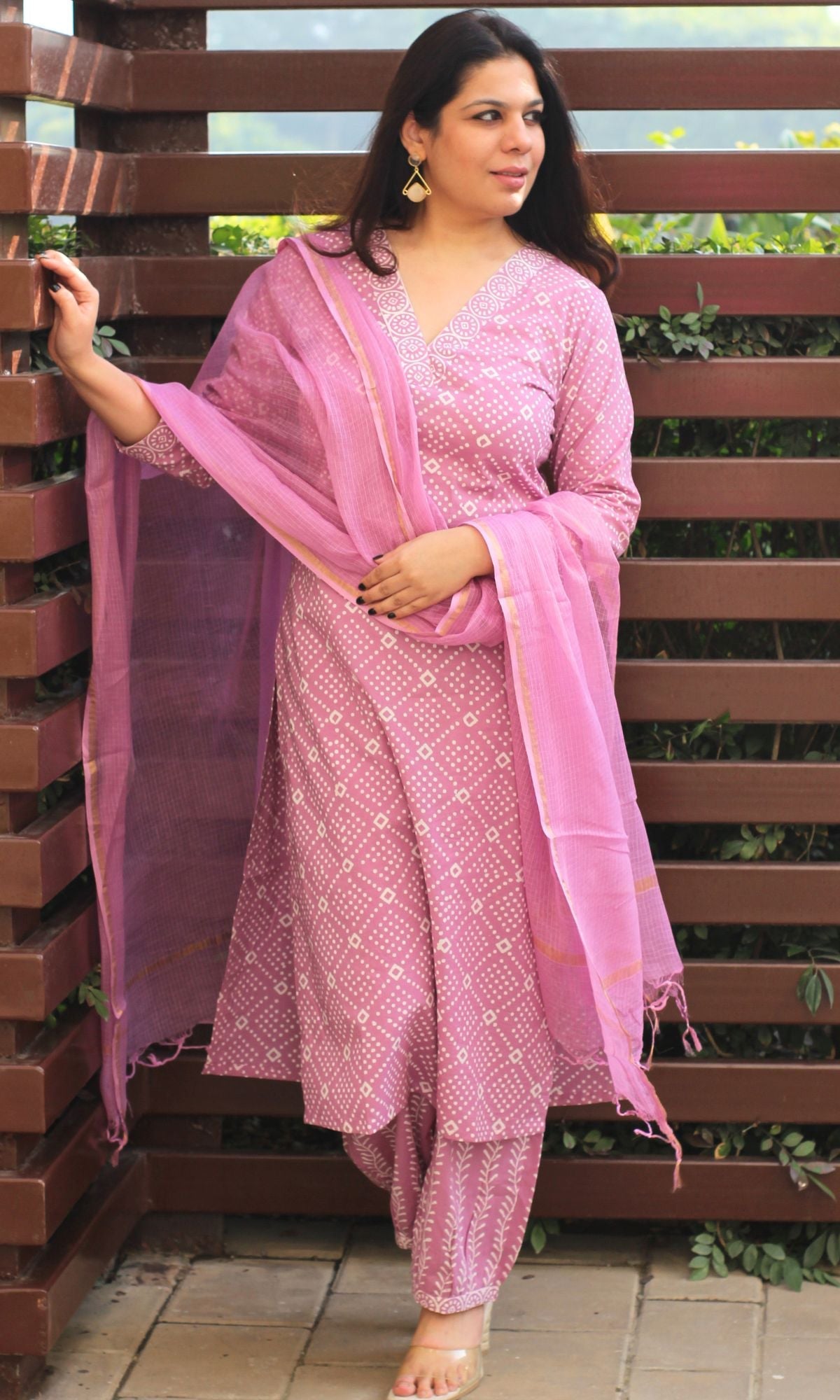 Cotton Handblock Onion Kurta and Afghani Pants with Kota Doria Dupatta - Baareeki