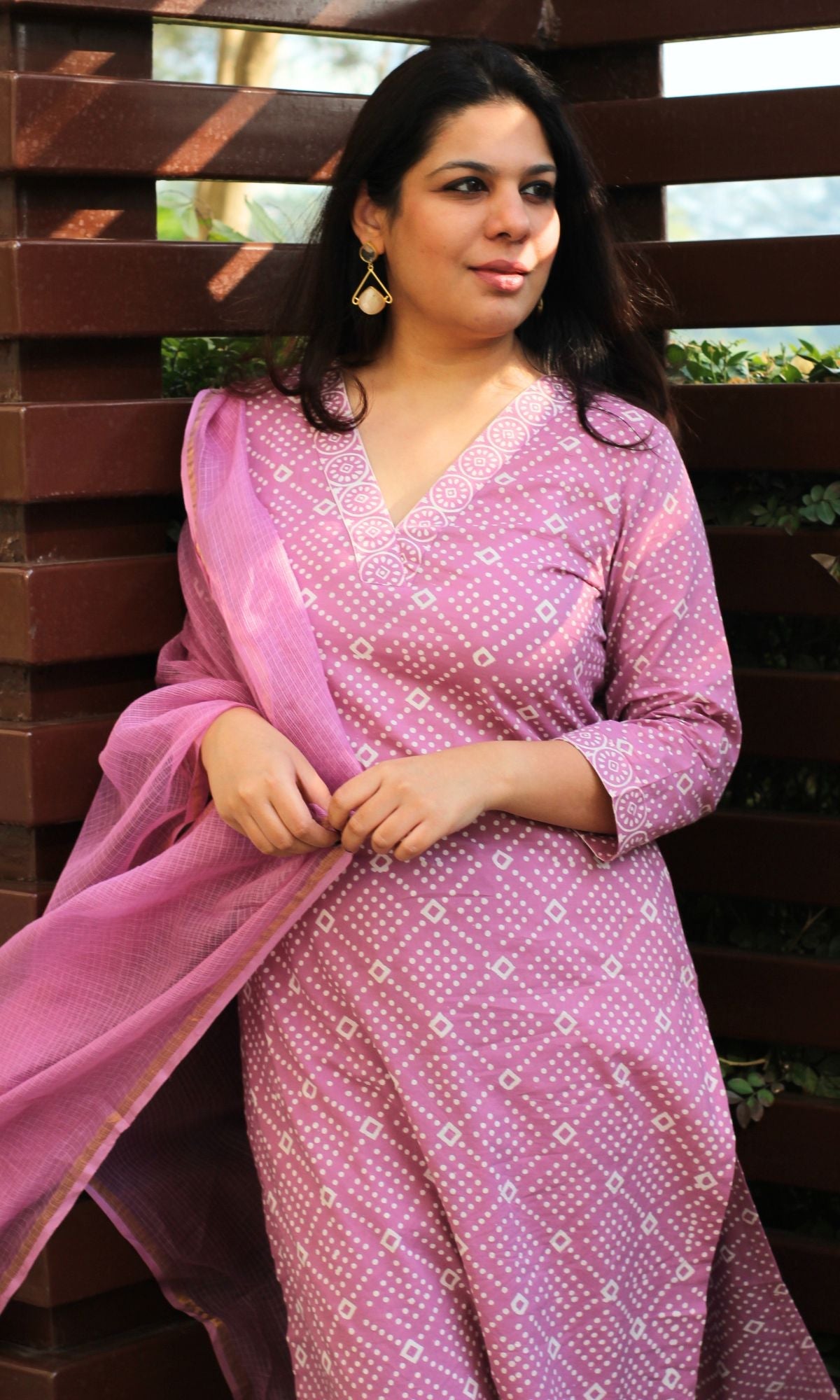 Cotton Handblock Onion Kurta and Afghani Pants with Kota Doria Dupatta - Baareeki
