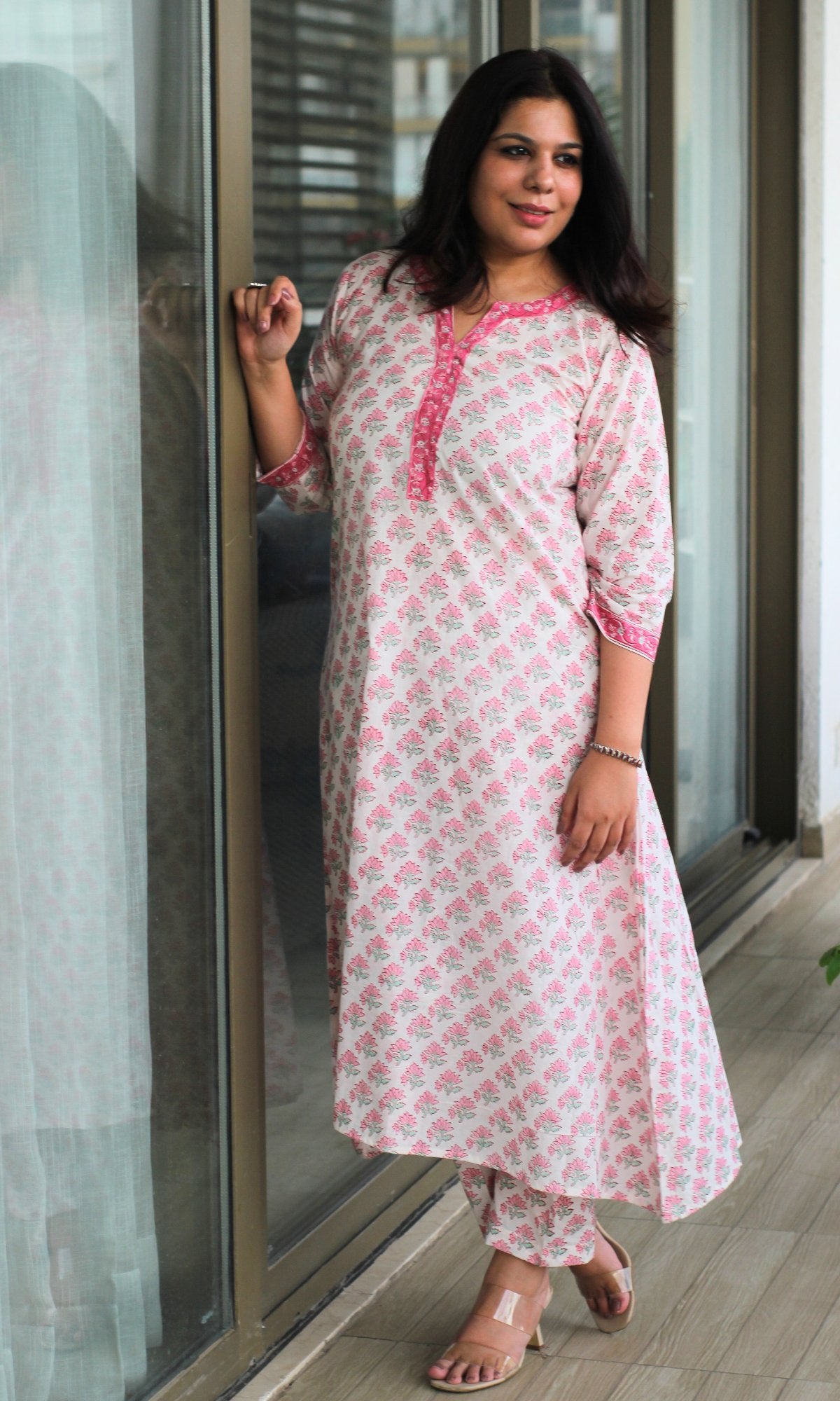 Cotton Handblock White and Pink Coord Set - Baareeki