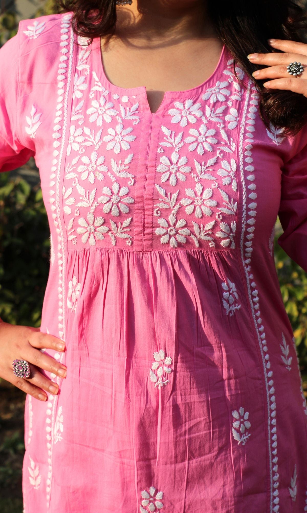 Cotton Pink Handwork Chikankari Naira Cut Kurta - Baareeki