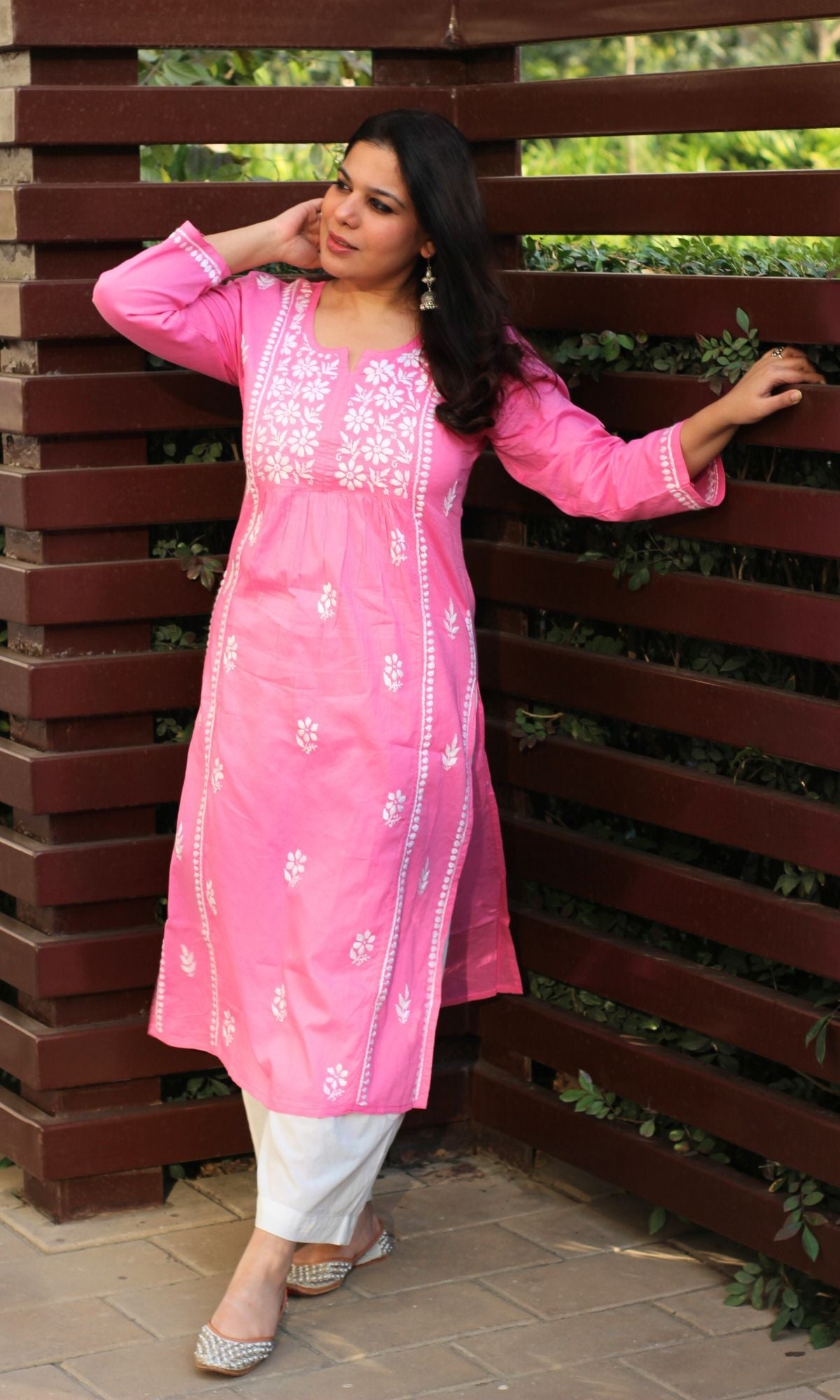 Cotton Pink Handwork Chikankari Naira Cut Kurta - Baareeki