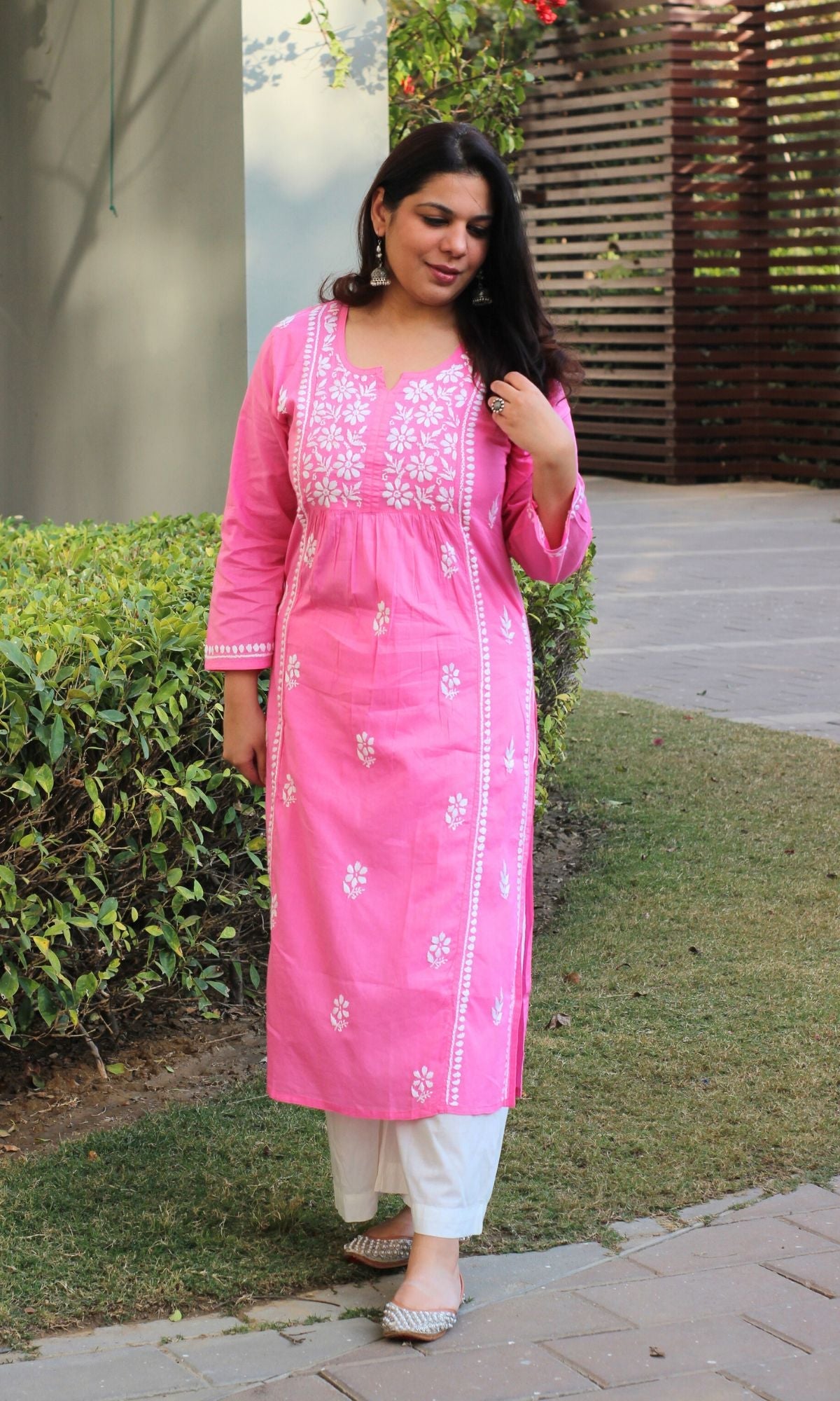 Cotton Pink Handwork Chikankari Naira Cut Kurta - Baareeki