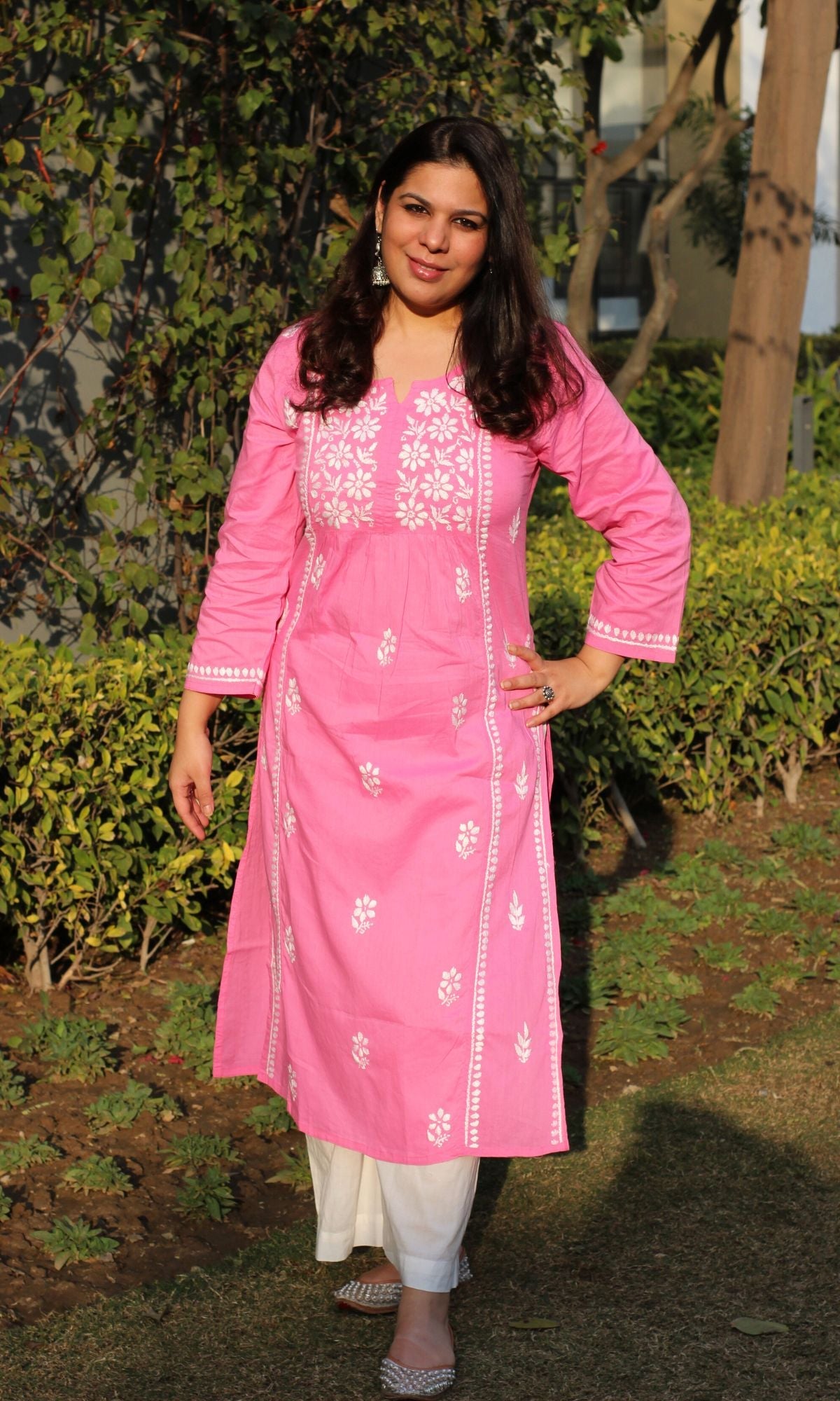 Cotton Pink Handwork Chikankari Naira Cut Kurta - Baareeki