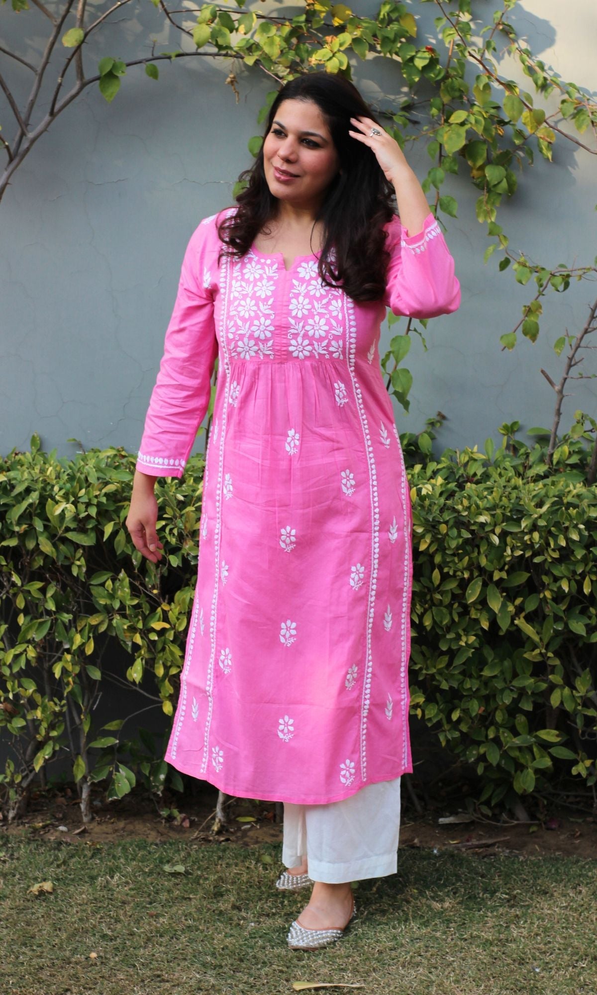 Cotton Pink Handwork Chikankari Naira Cut Kurta - Baareeki