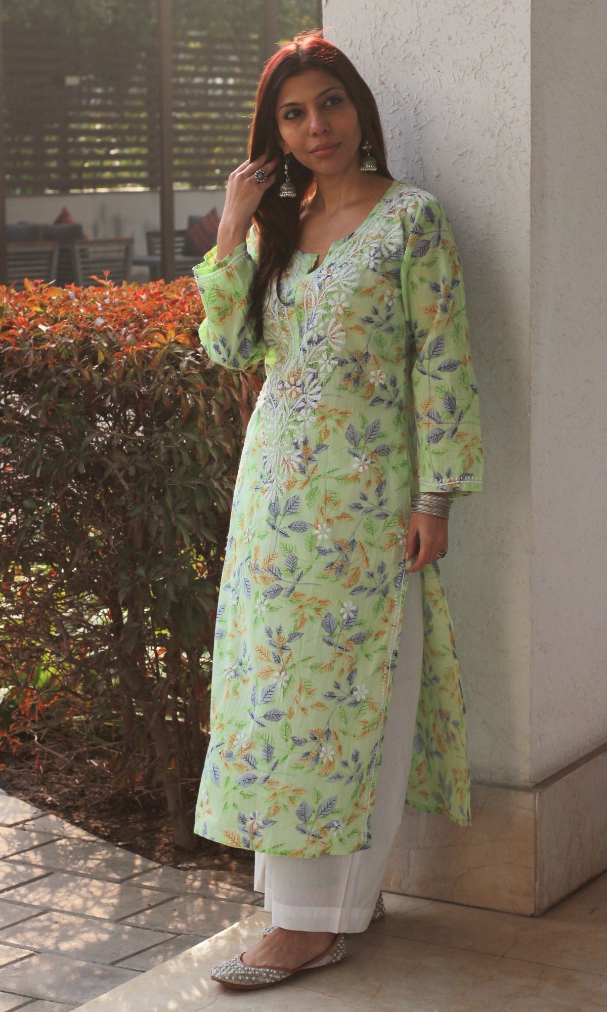 Cotton Printed Green Handwork Chikankari Kurta - Baareeki