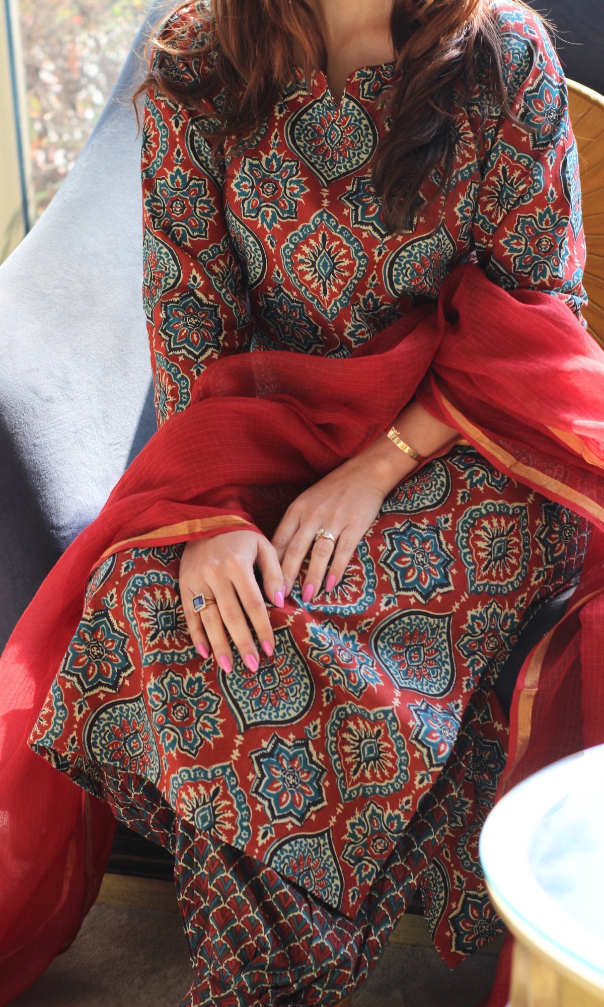 Cotton Red Ajrakh Kurta and Afghani Style Pants with Kota Doria Dupatta - Baareeki