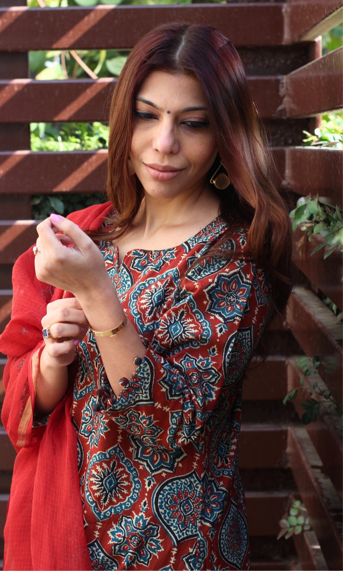 Cotton Red Ajrakh Kurta and Afghani Style Pants with Kota Doria Dupatta - Baareeki