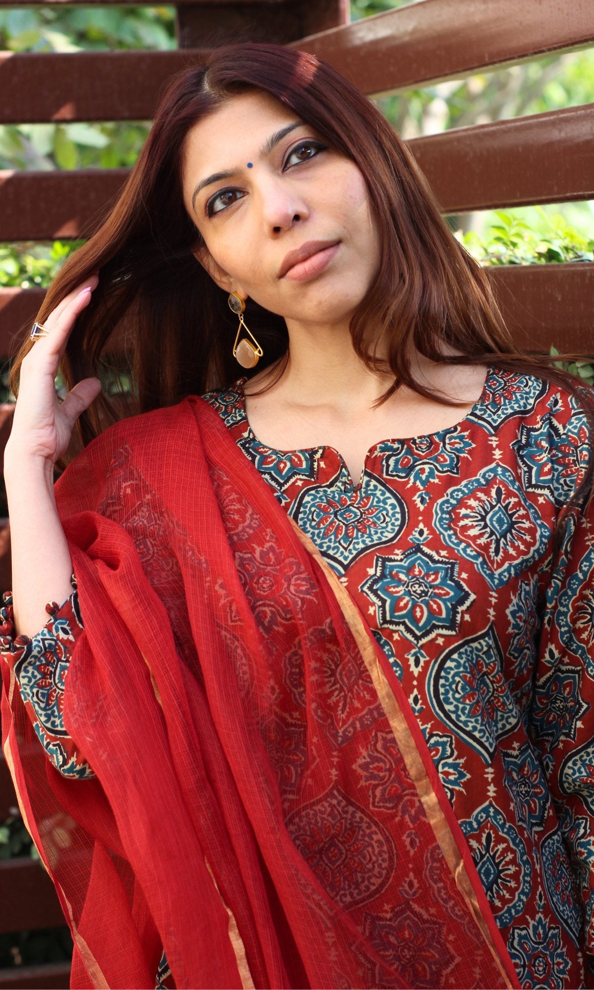 Cotton Red Ajrakh Kurta and Afghani Style Pants with Kota Doria Dupatta - Baareeki