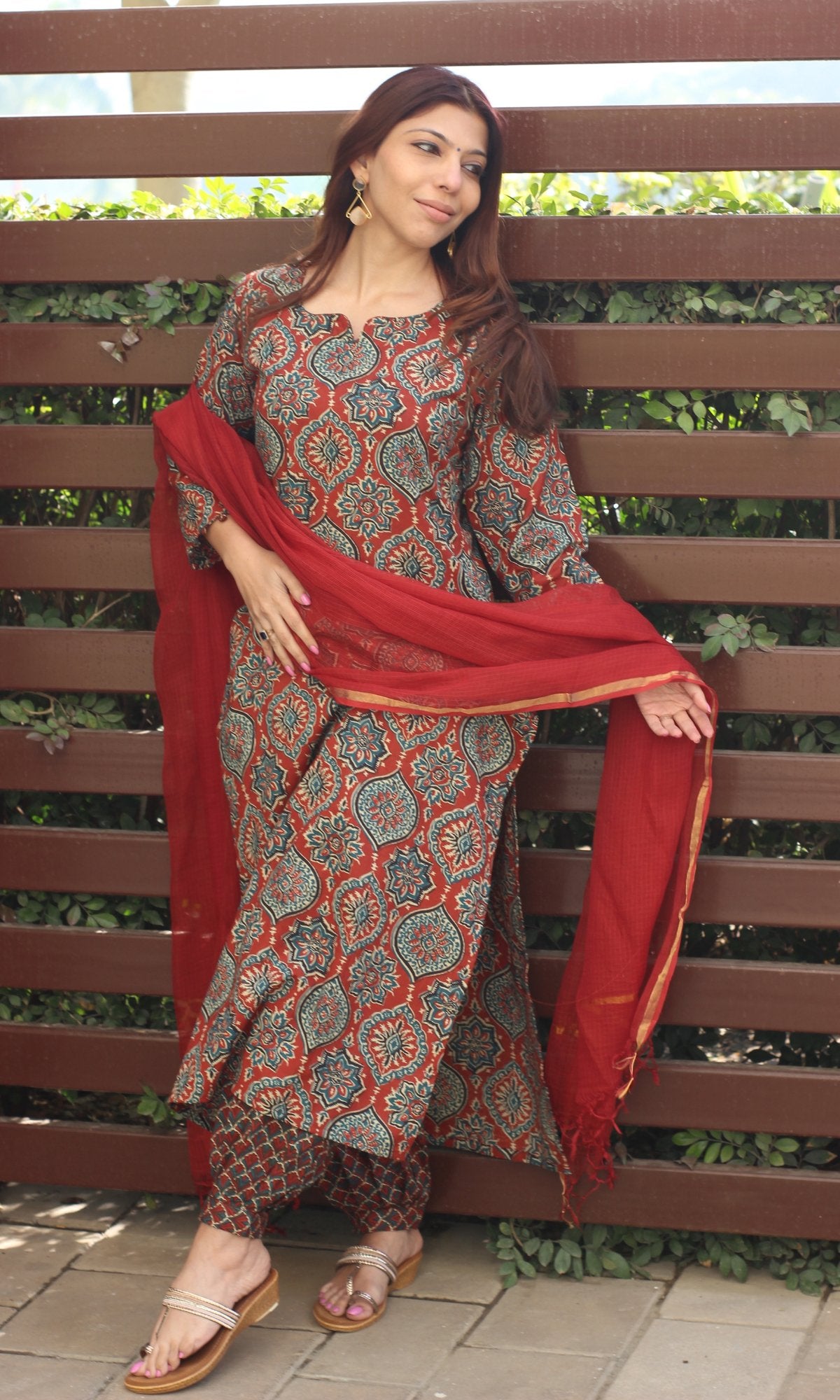 Cotton Red Ajrakh Kurta and Afghani Style Pants with Kota Doria Dupatta - Baareeki