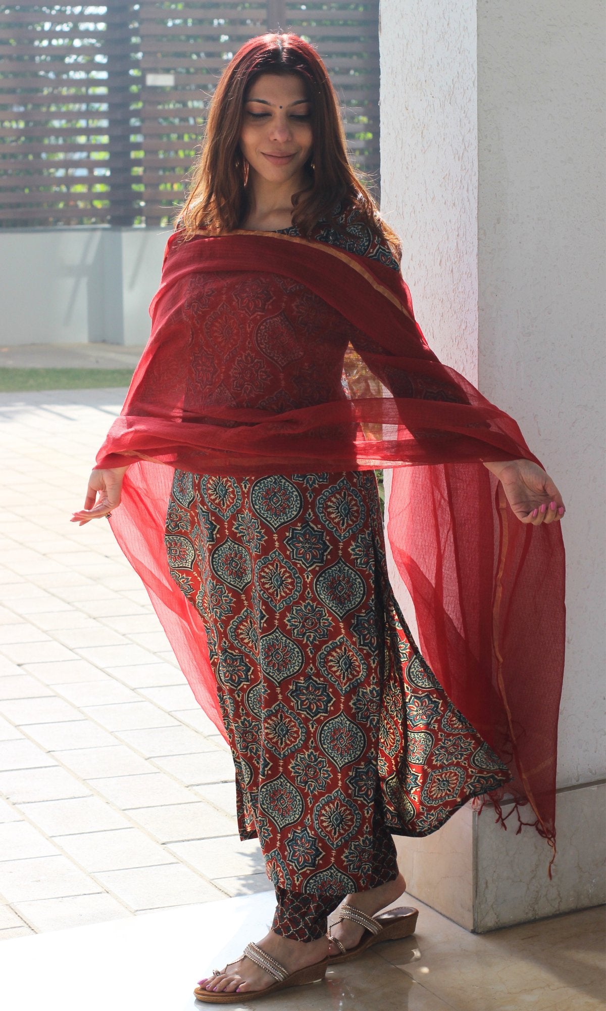 Cotton Red Ajrakh Kurta and Afghani Style Pants with Kota Doria Dupatta - Baareeki
