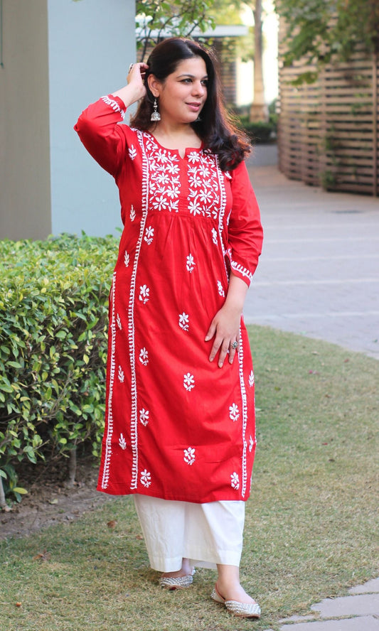 Cotton Red Handwork Chikankari Naira Cut Kurta - Baareeki