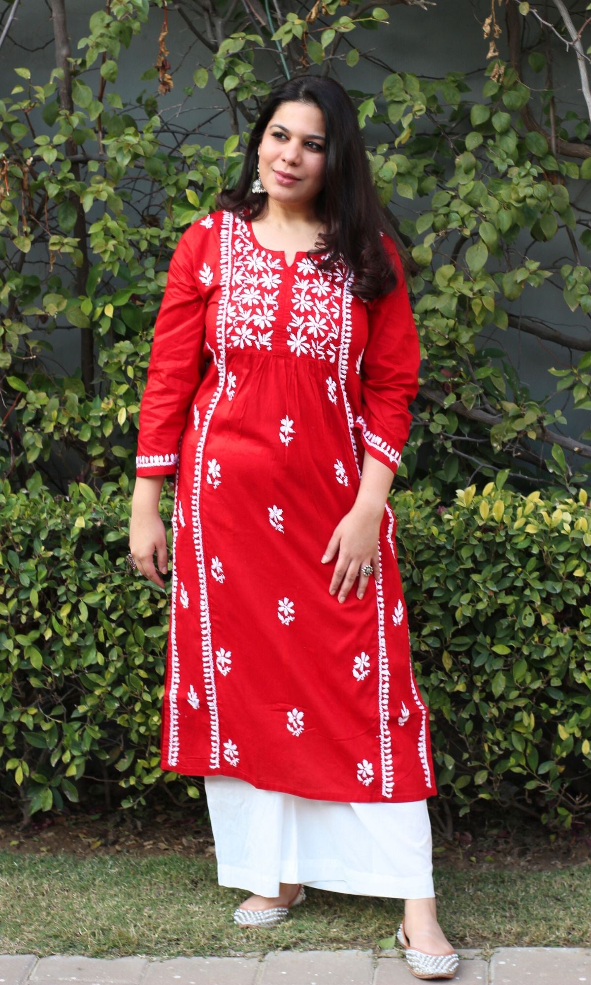 Cotton Red Handwork Chikankari Naira Cut Kurta - Baareeki