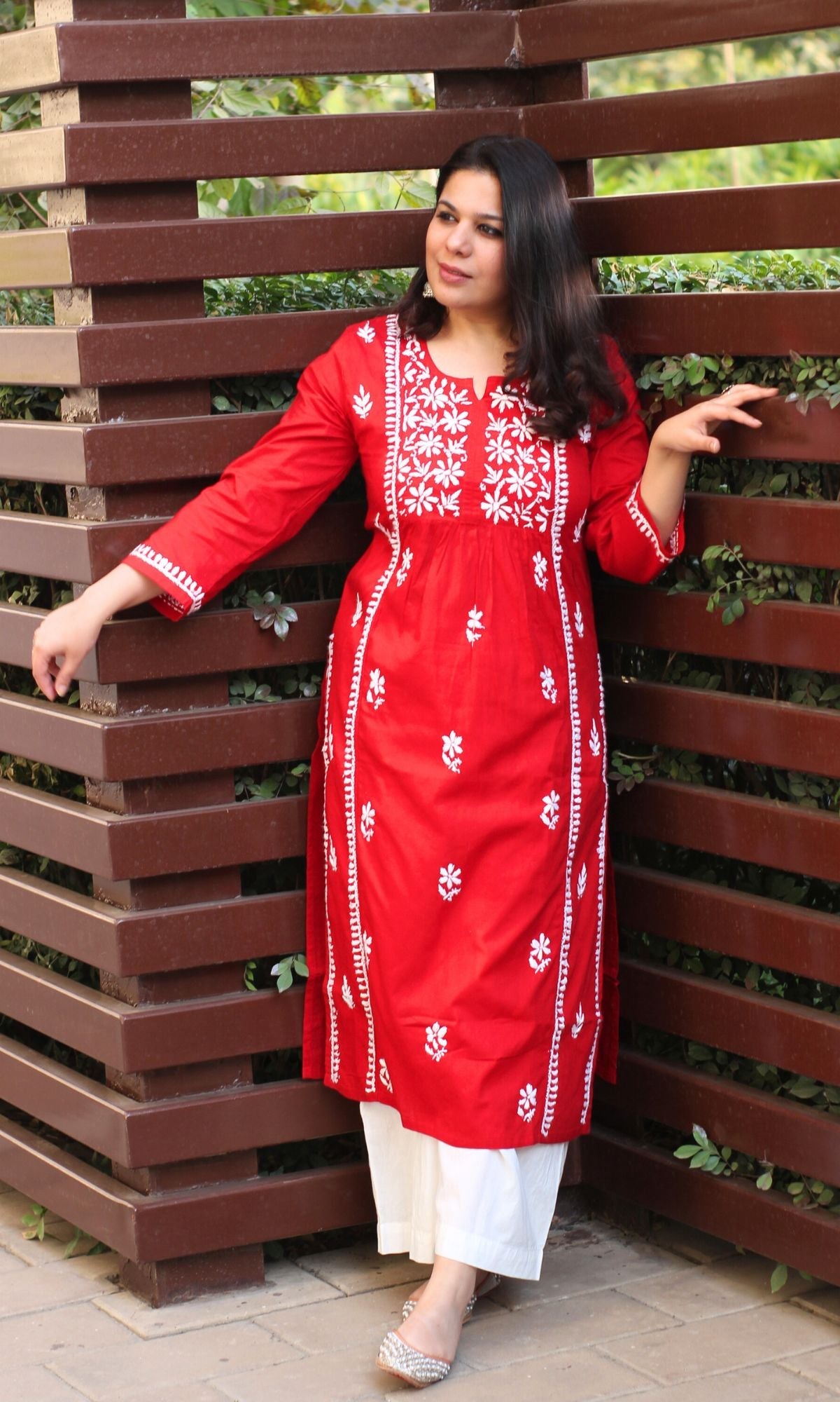 Cotton Red Handwork Chikankari Naira Cut Kurta - Baareeki
