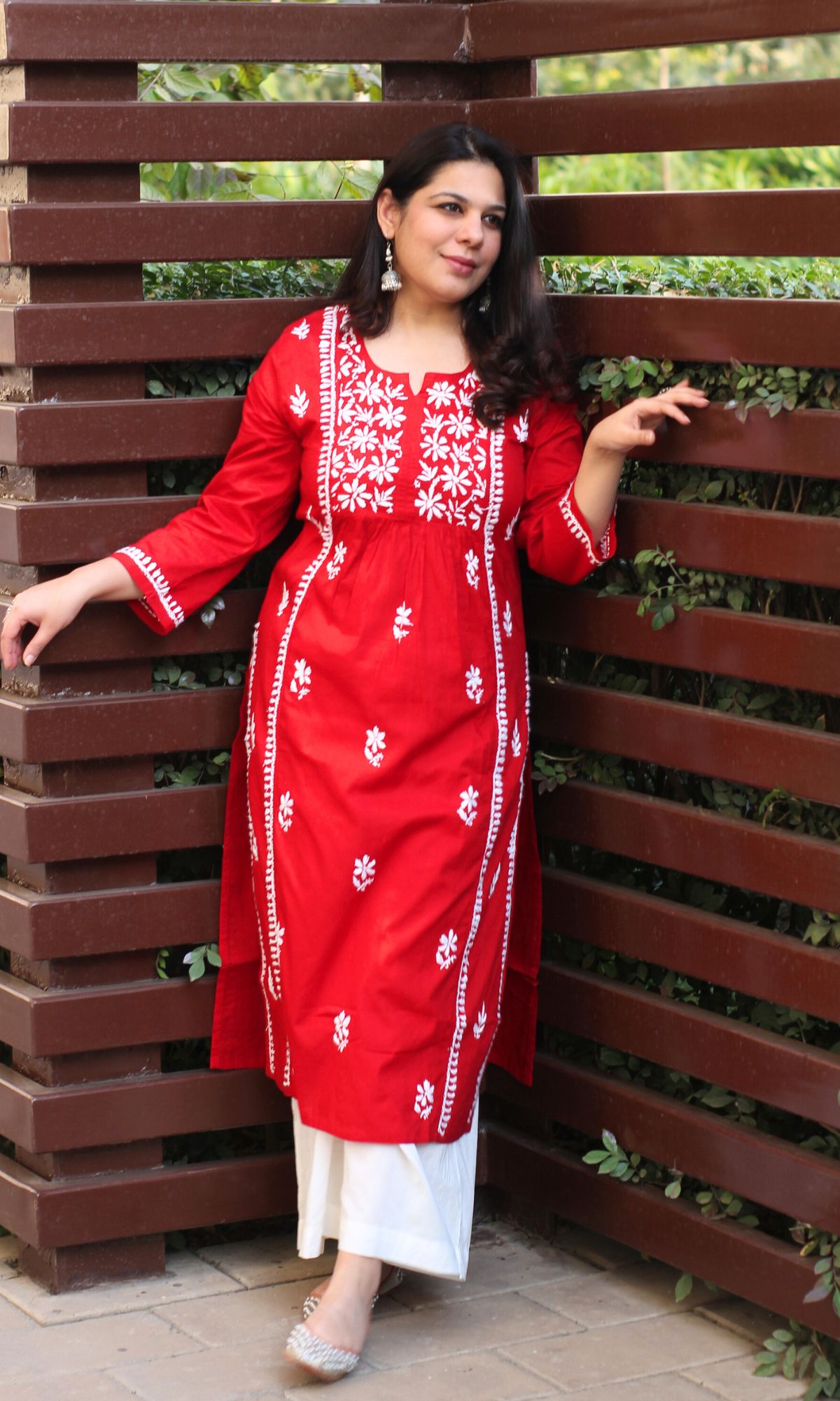 Cotton Red Handwork Chikankari Naira Cut Kurta - Baareeki