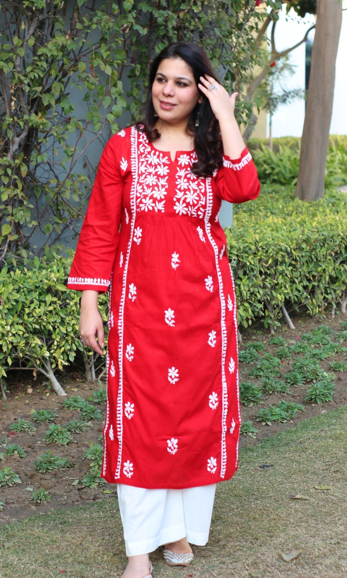Cotton Red Handwork Chikankari Naira Cut Kurta - Baareeki