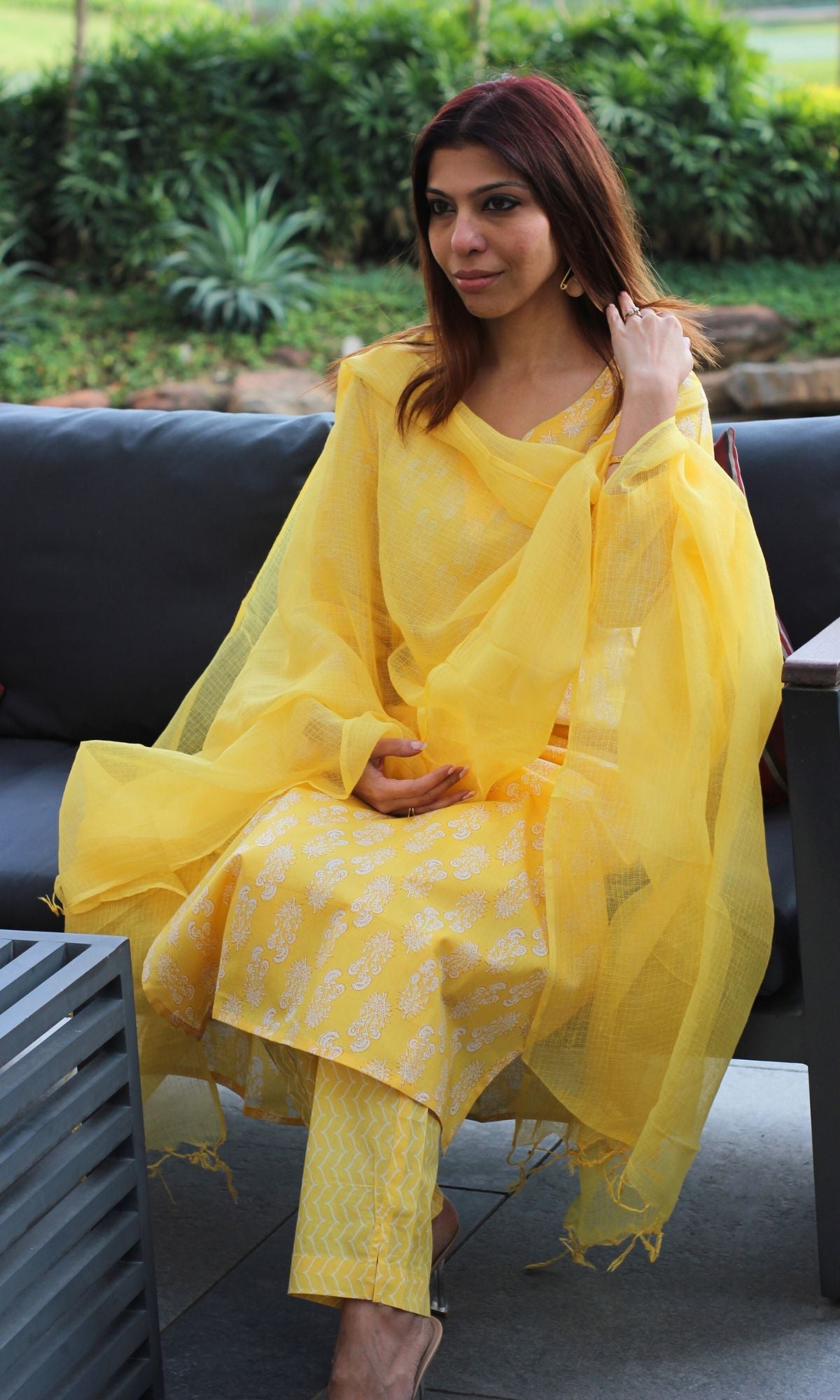 Cotton Sanganeri Print Yellow Suit Set with Kota Doria Dupatta - Baareeki