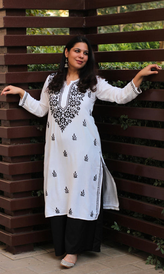 Cotton White and Black Handwork Chikankari Kurta - Baareeki