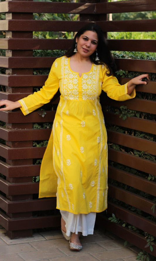 Cotton Yellow Handwork Chikankari Naira Cut Kurta - Baareeki