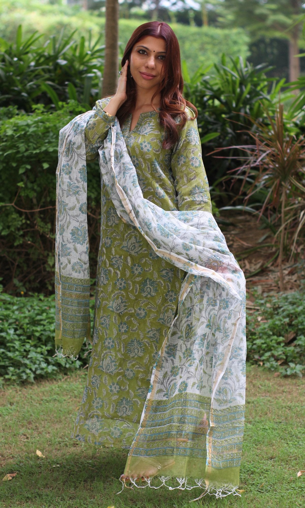 Kota Doria Handblock Light Green Suit Set with Kota Doria Dupatta - Baareeki