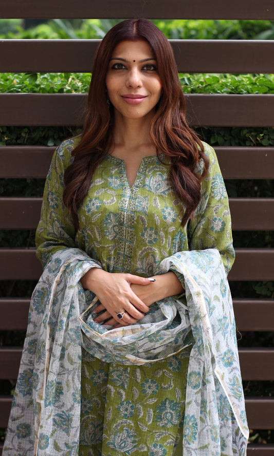 Kota Doria Handblock Light Green Suit Set with Kota Doria Dupatta - Baareeki