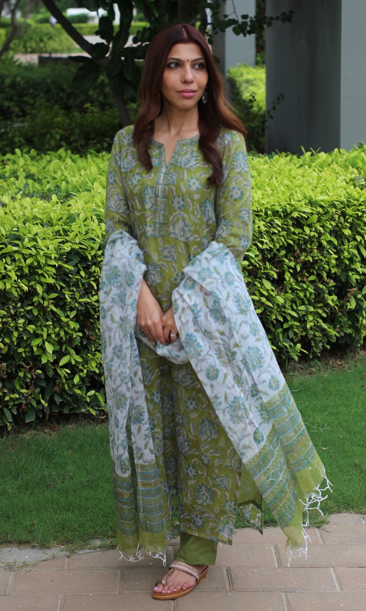 Kota Doria Handblock Light Green Suit Set with Kota Doria Dupatta - Baareeki