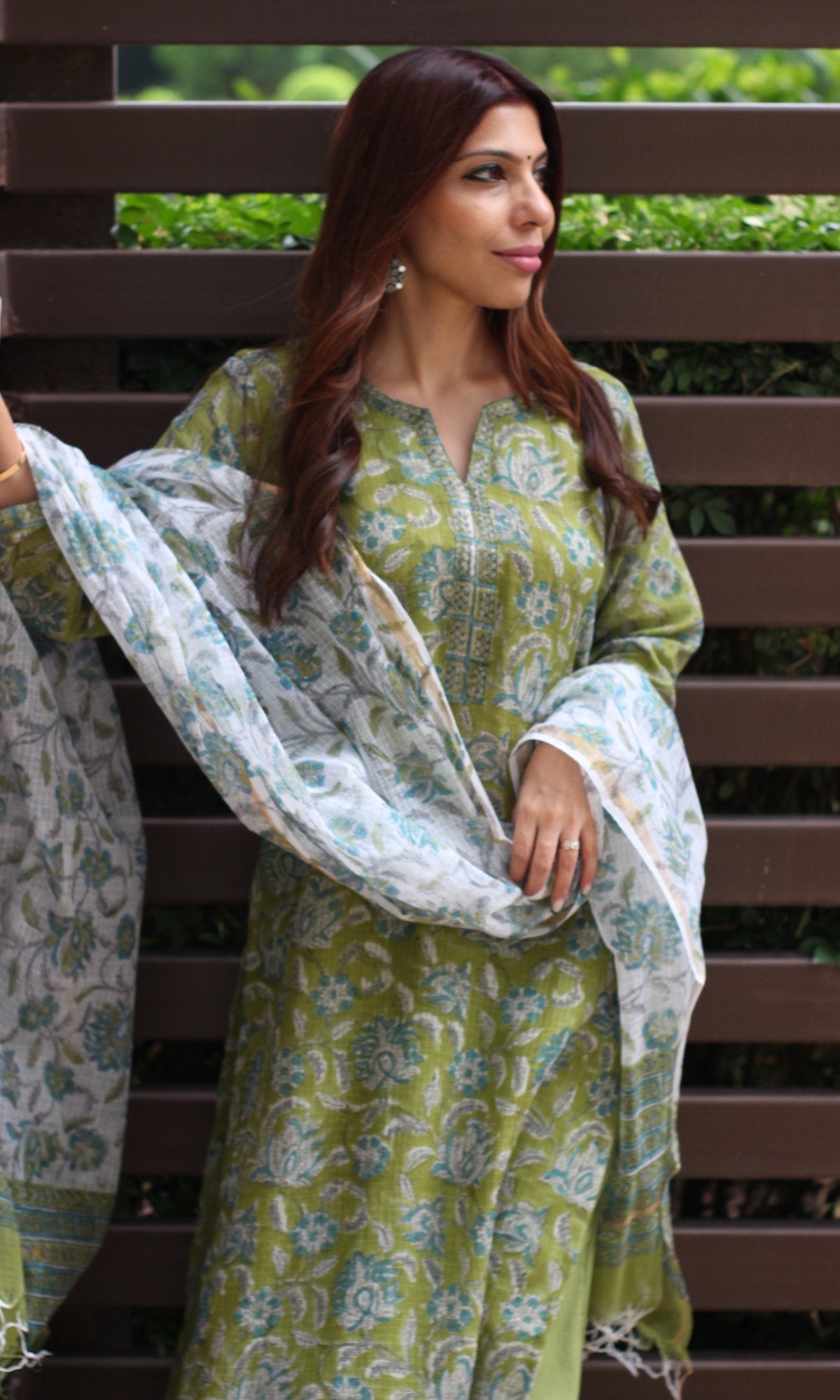 Kota Doria Handblock Light Green Suit Set with Kota Doria Dupatta - Baareeki