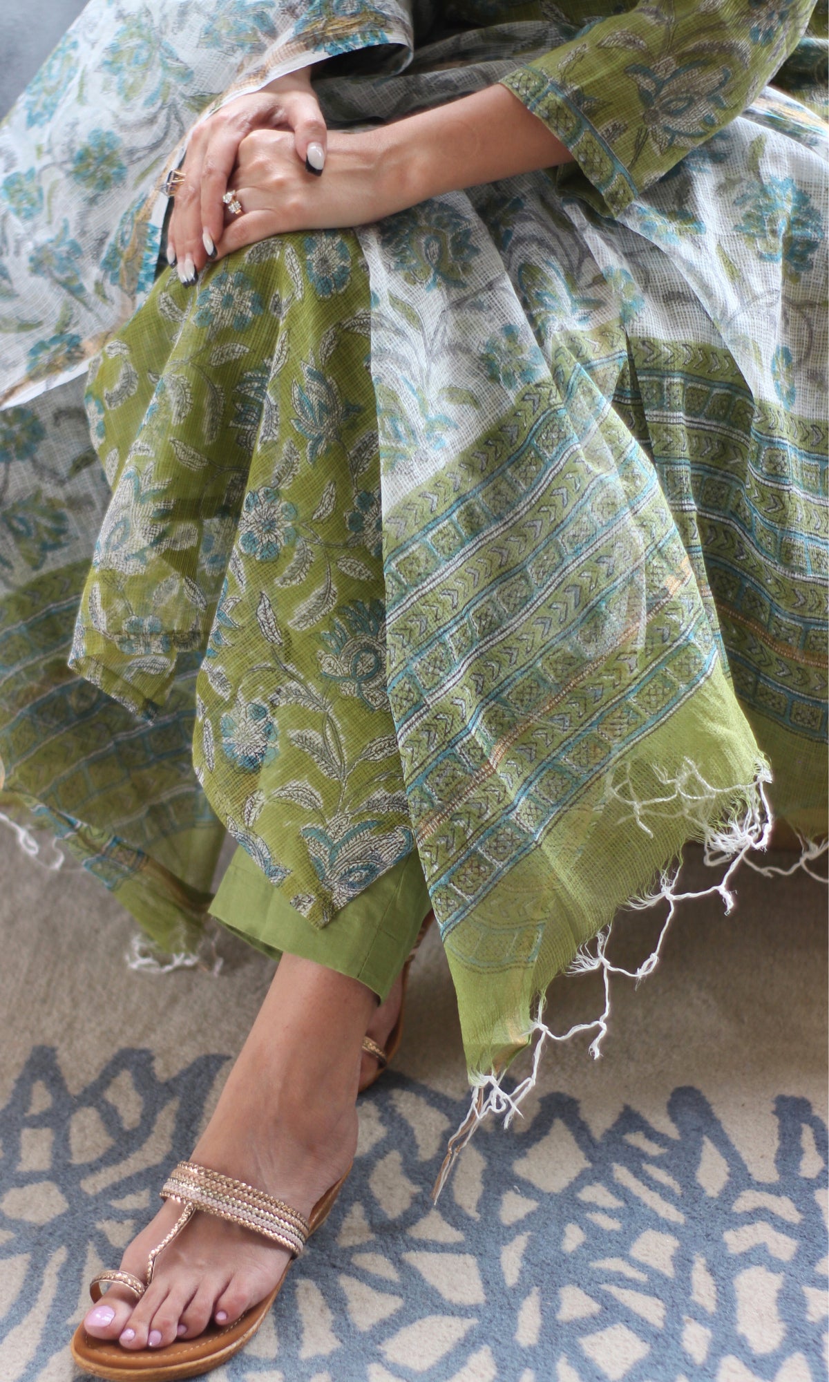 Kota Doria Handblock Light Green Suit Set with Kota Doria Dupatta - Baareeki