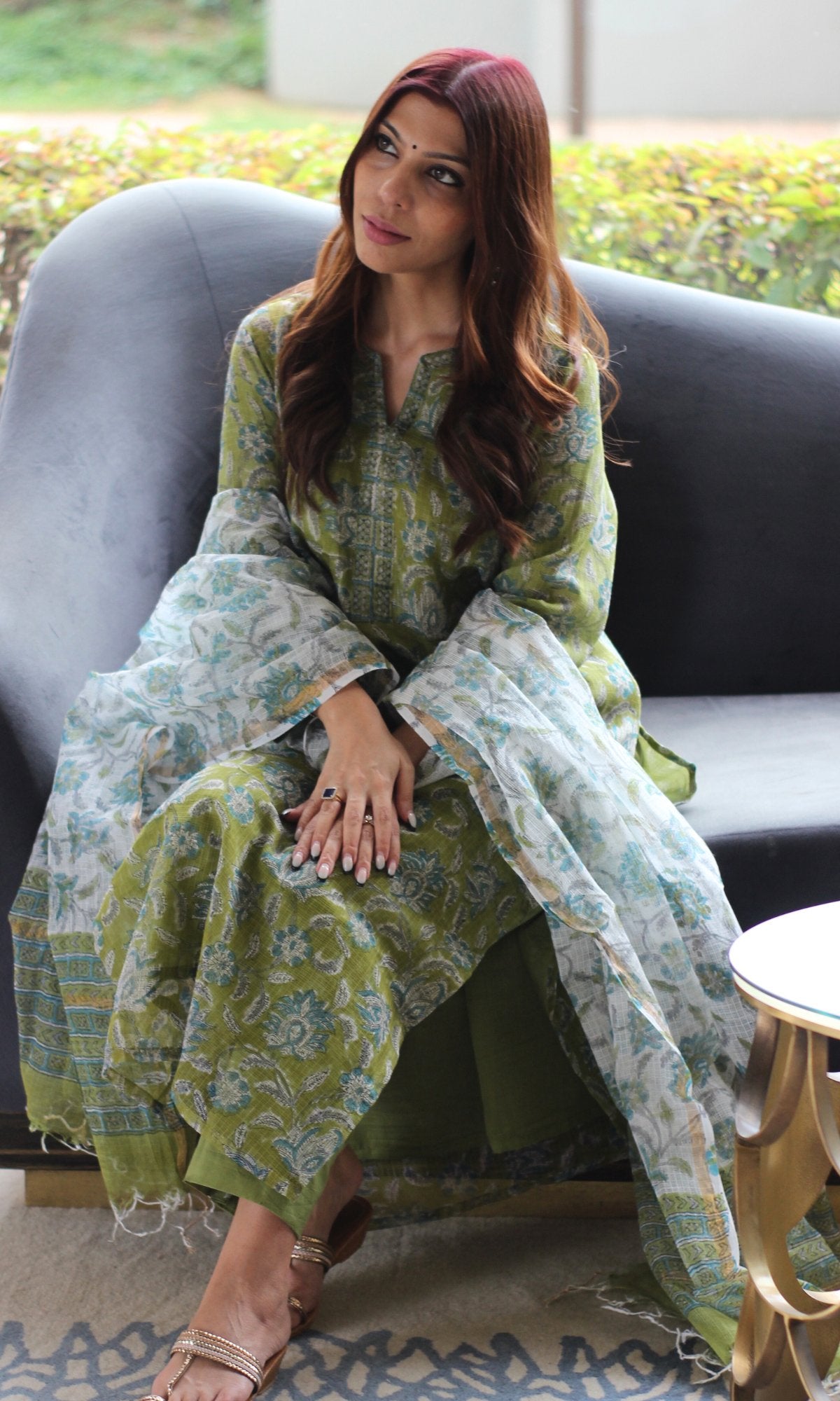 Kota Doria Handblock Light Green Suit Set with Kota Doria Dupatta - Baareeki