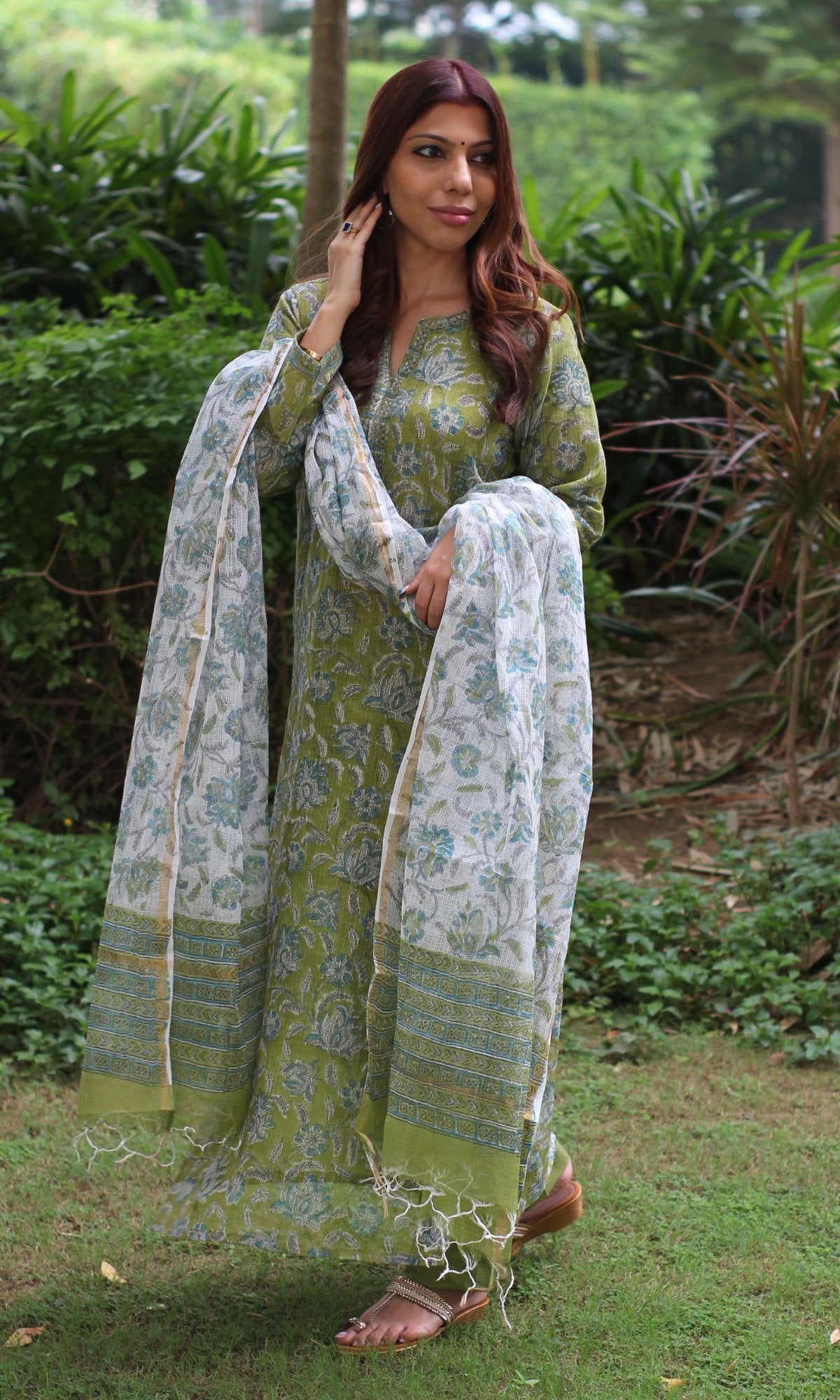 Kota Doria Handblock Light Green Suit Set with Kota Doria Dupatta - Baareeki