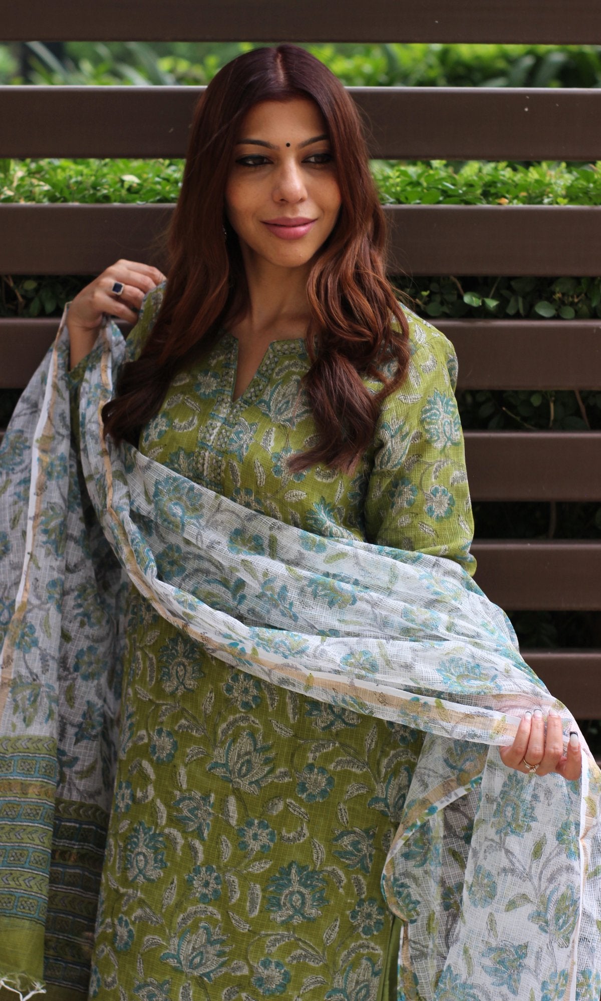Kota Doria Handblock Light Green Suit Set with Kota Doria Dupatta - Baareeki
