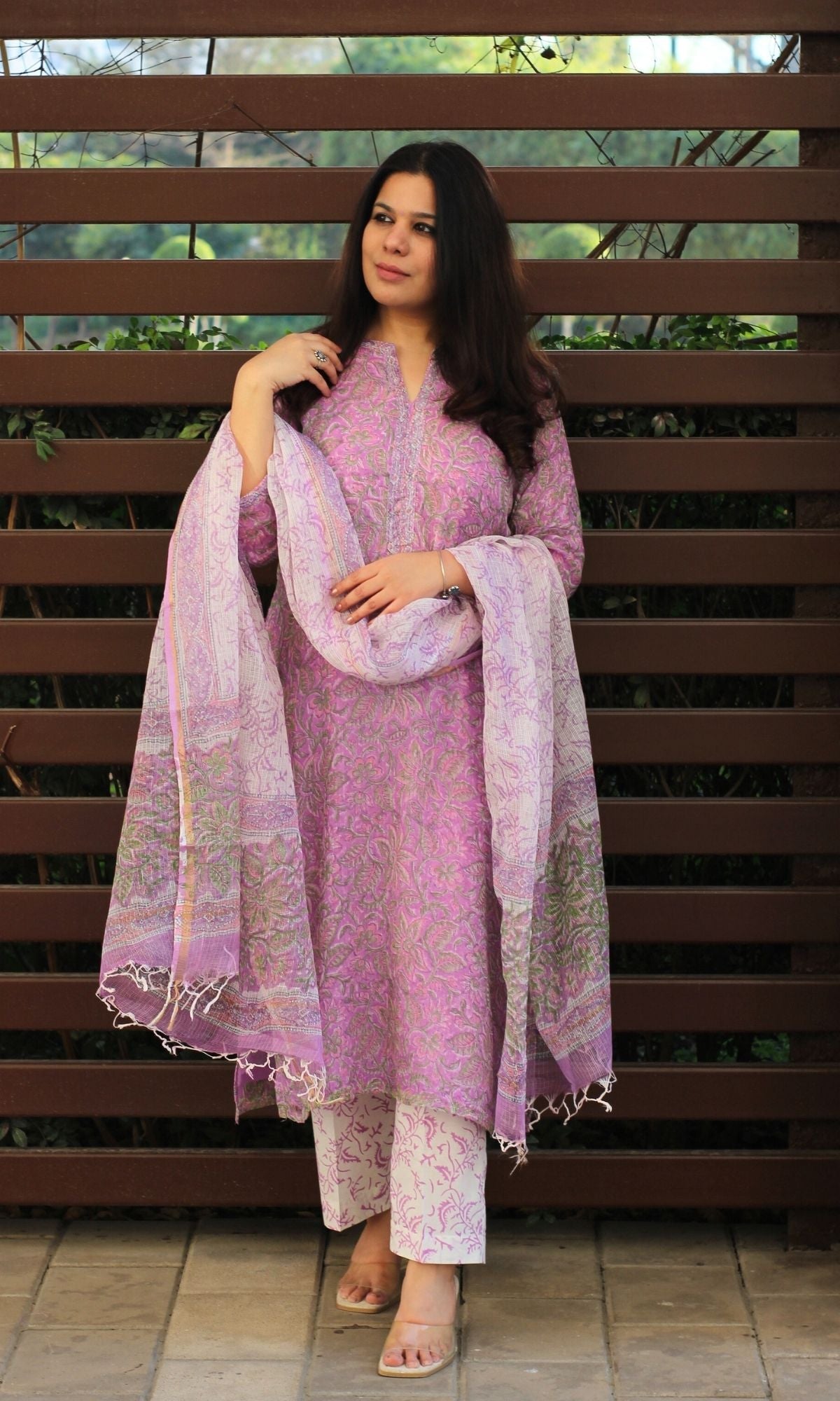 Kota Doria Lavender Suit Set with Printed Kota Doria Dupatta - Baareeki