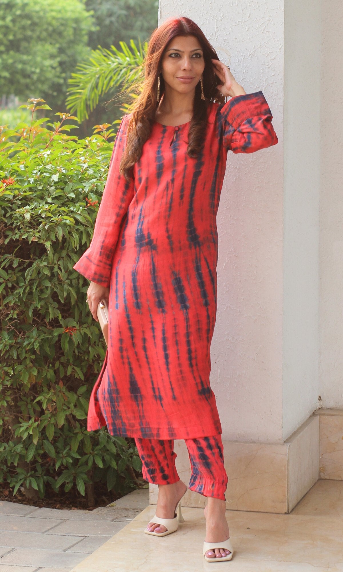 Modal Silk Coral Red Tie and Dye Coord Set - Baareeki