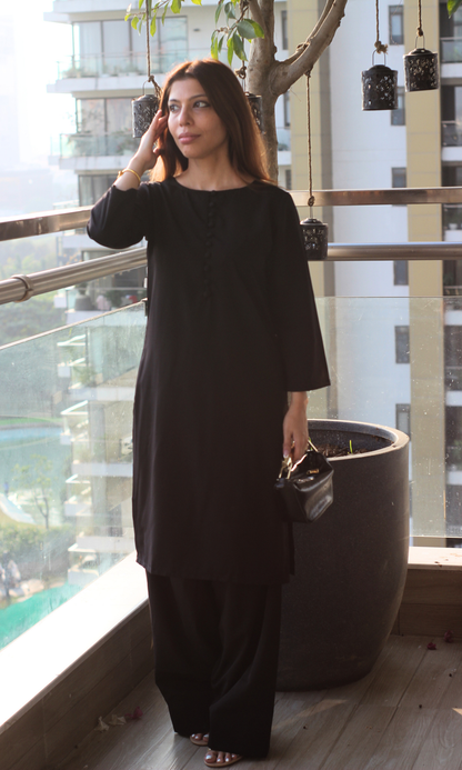 Black Glossy Boat Neck Buttoned Kurta with Farshi Salwaar