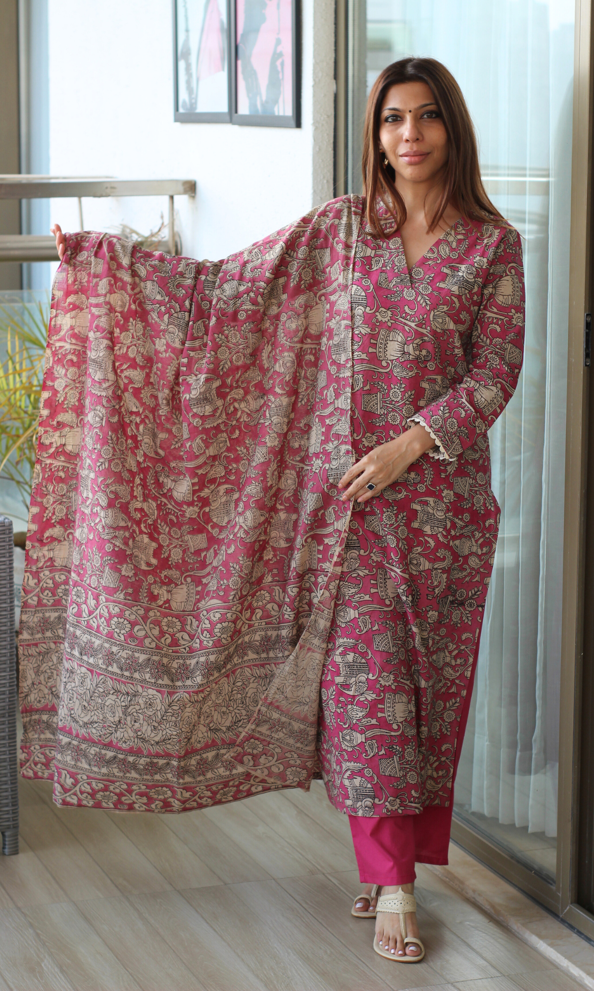 Deep Pink Handblock Kalamkari Kurta, Cotton Handblock Dupatta & Pants