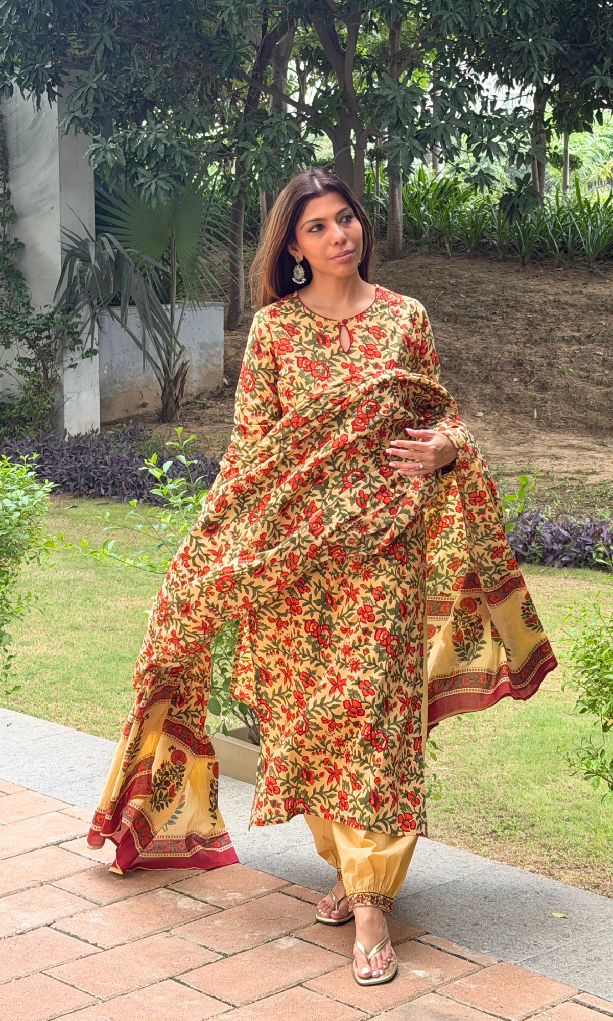 Butter yellow floral block print Kurta, afgani pants & Cotton Printed Dupatta