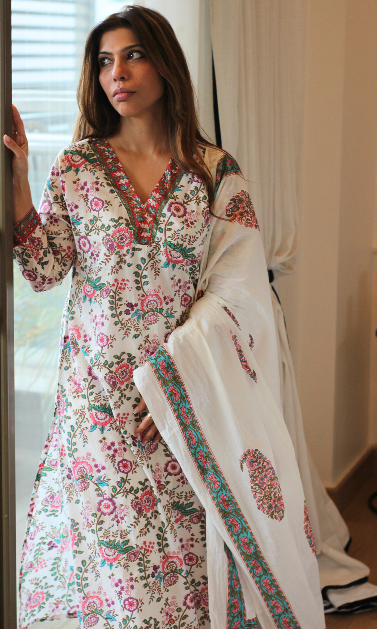 White Garden Block Print Kurta, Dupatta & Cotton Afgani Pants
